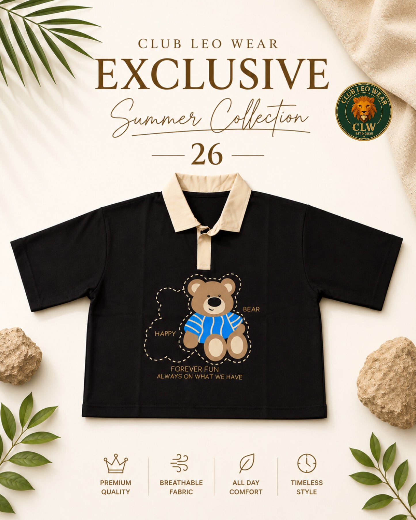 Club Leo Wear Teddy Bear Polo Crop T-Shirt for Women
