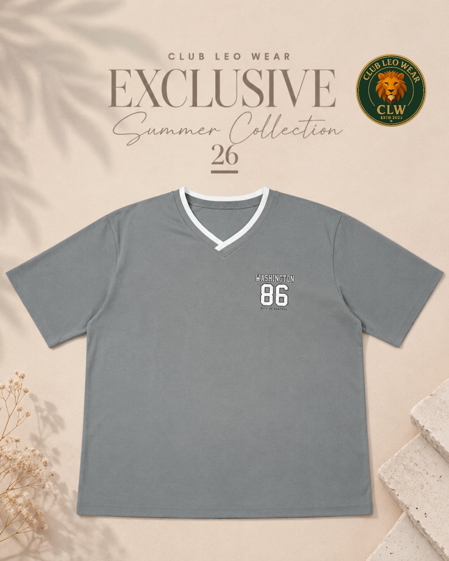Club Leo Wear Grey Washington 86 Oversized V-Neck T-Shirt for Women