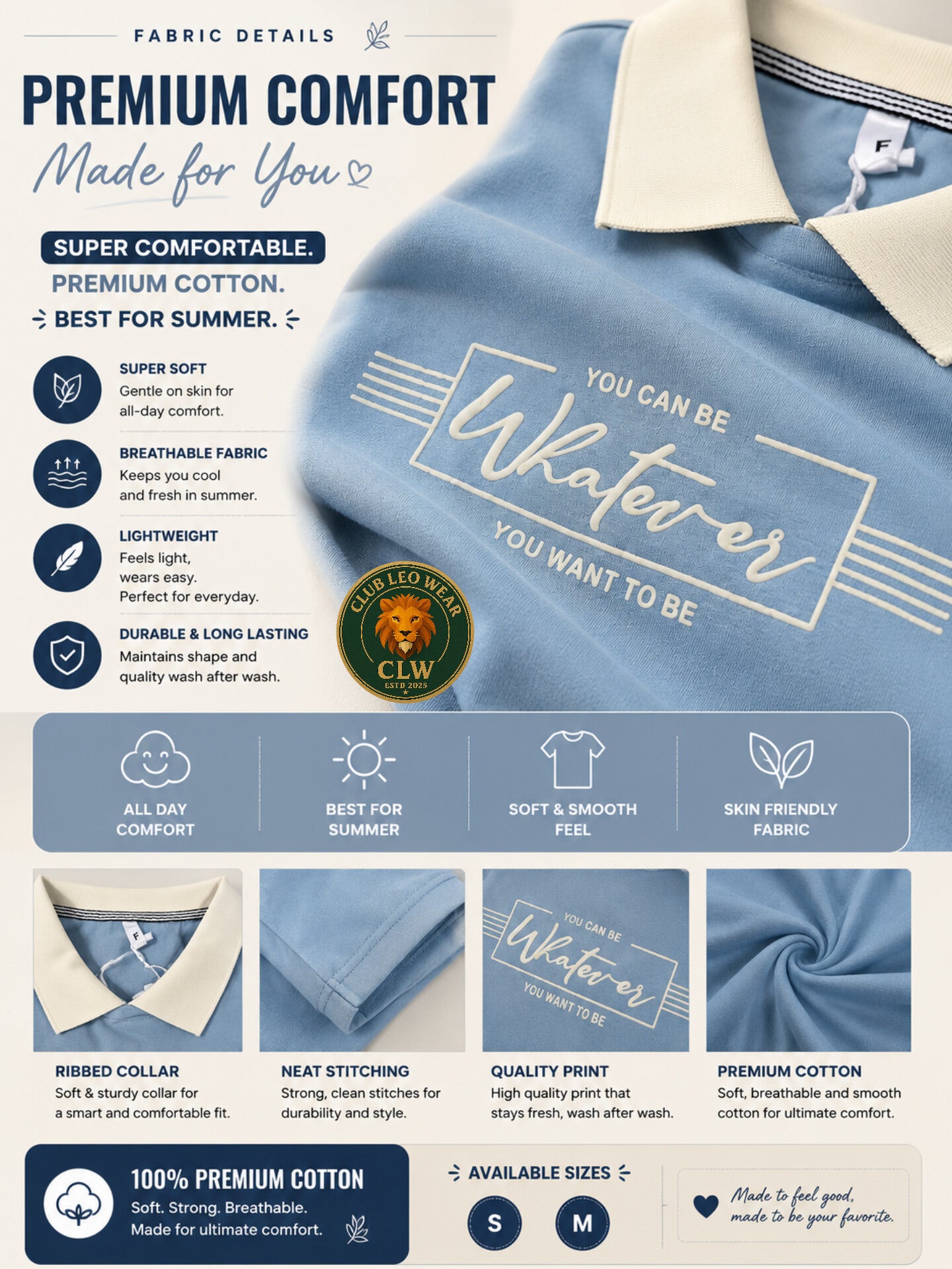 Club Leo Wear Sky Blue Women Collar T-Shirt – Casual Summer Tee