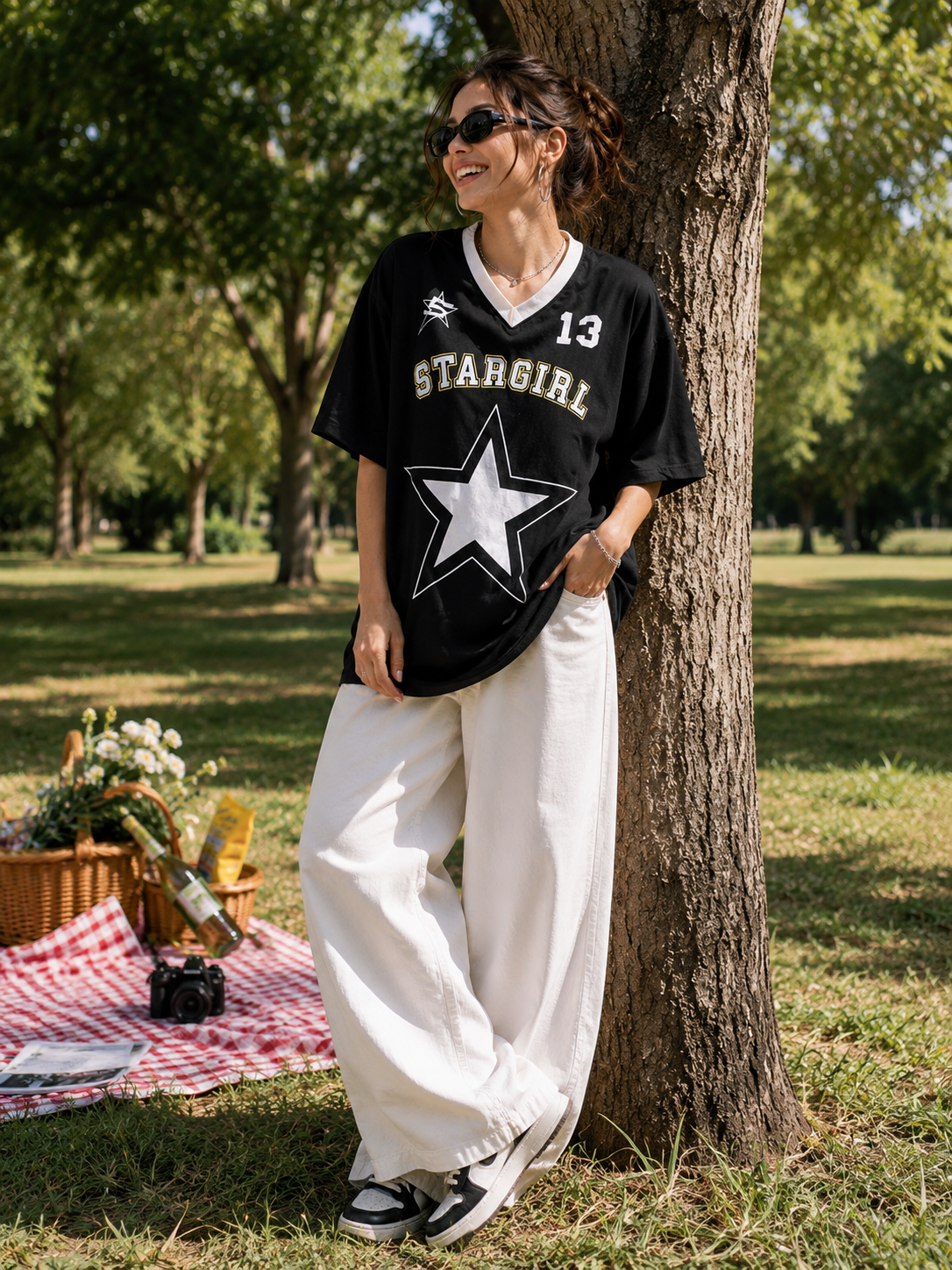 Club Leo Wear Stargirl Oversized Black Graphic V-Neck T-Shirt for Women