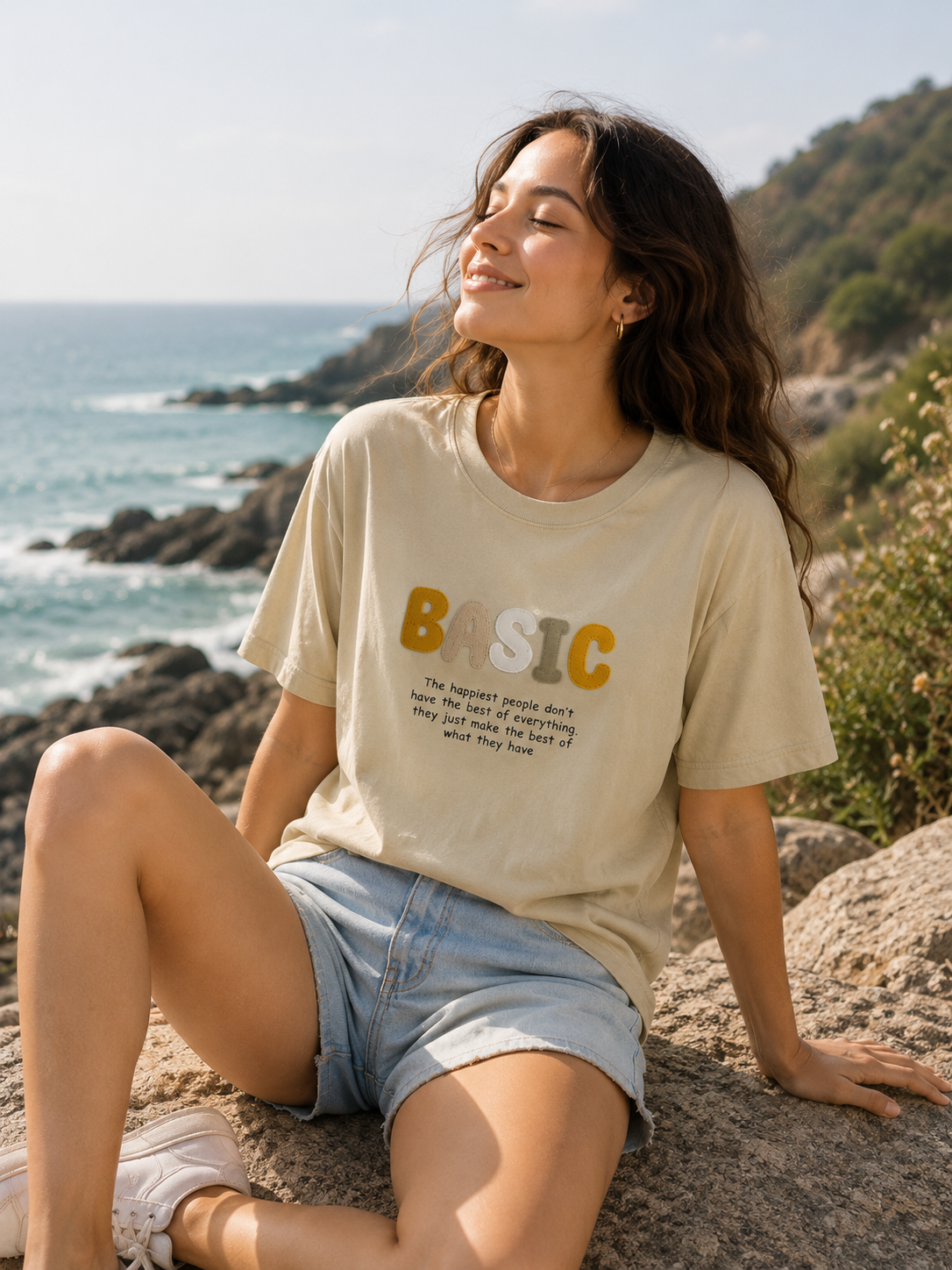 Club Leo Wear BASIC Embroidery Beige Oversized T-Shirt for Women