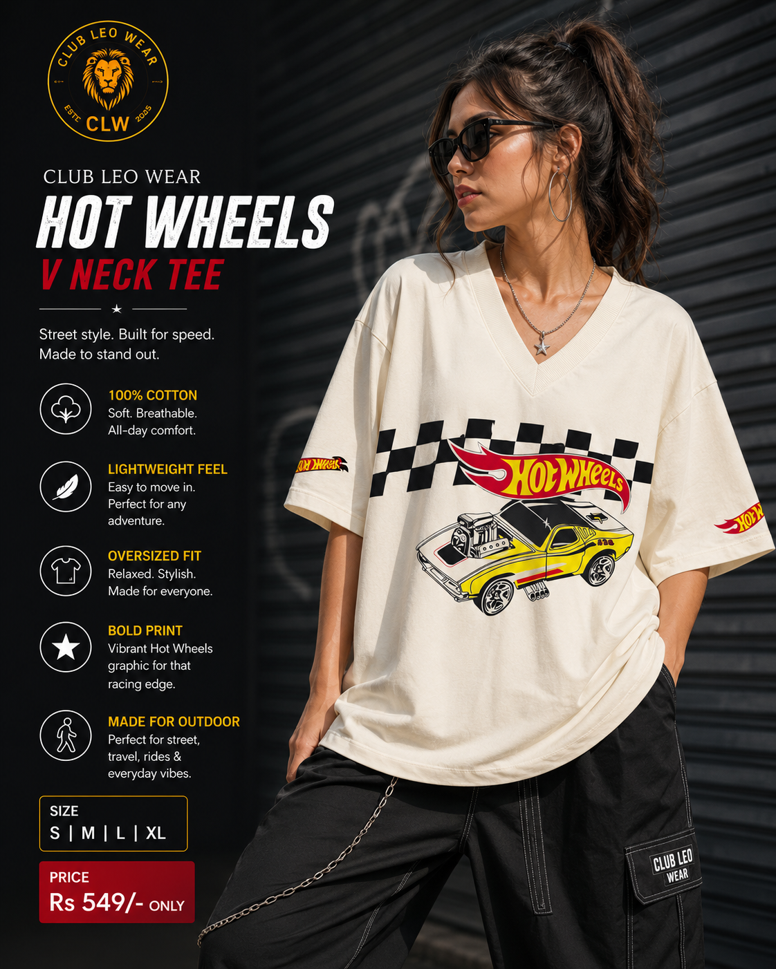 Club Leo Wear Hot Wheels Oversized V-Neck Graphic T-Shirt for Women