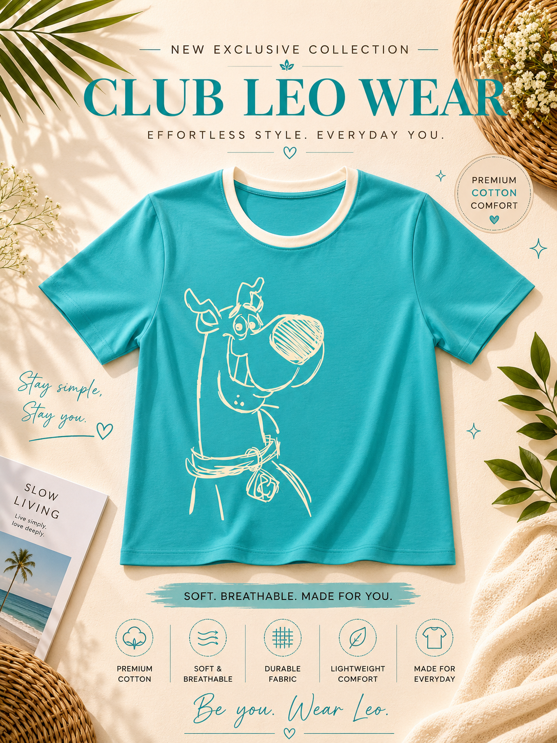 Club Leo Wear Turquoise Cartoon Graphic Cotton T-Shirt for Women
