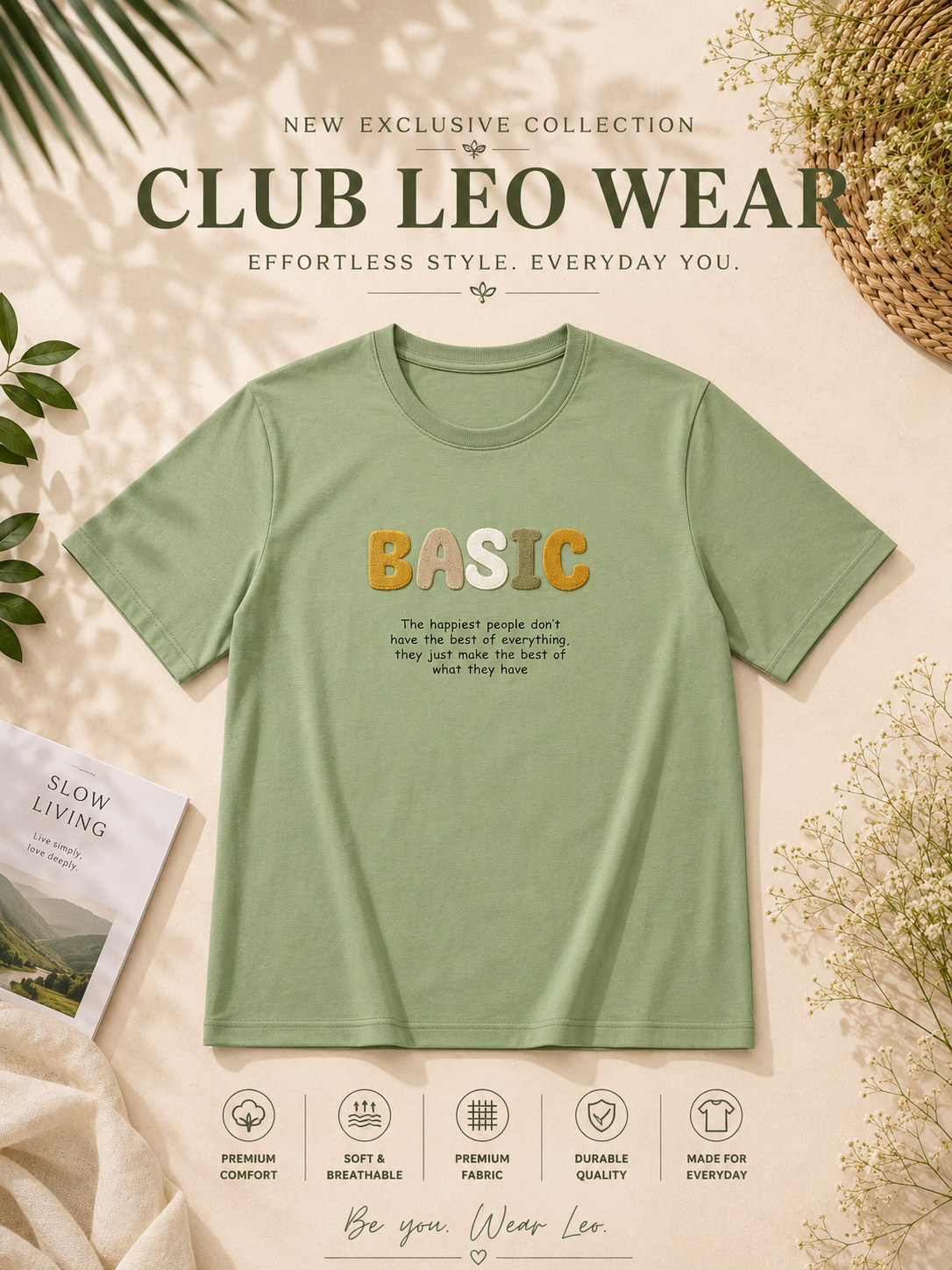 Club Leo Wear BASIC Embroidery Oversized T-Shirt | Sage Green Cotton Tee