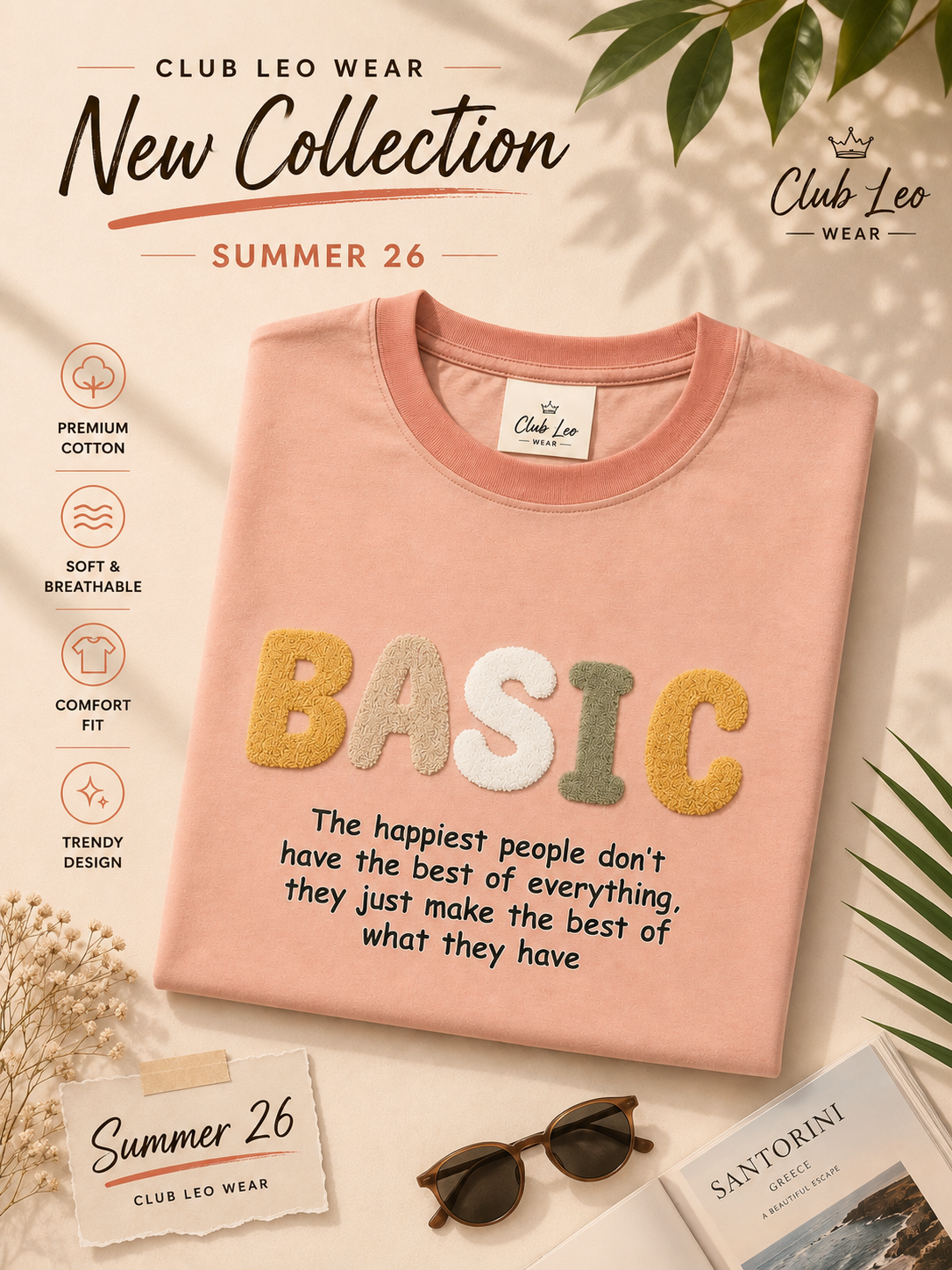 Club Leo Wear BASIC Embroidery Oversized T-Shirt for Women | Peach Pink Tee