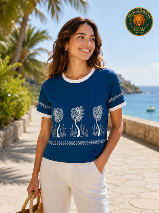 Club Leo Wear Blue Floral Crop Top T-Shirt for Women