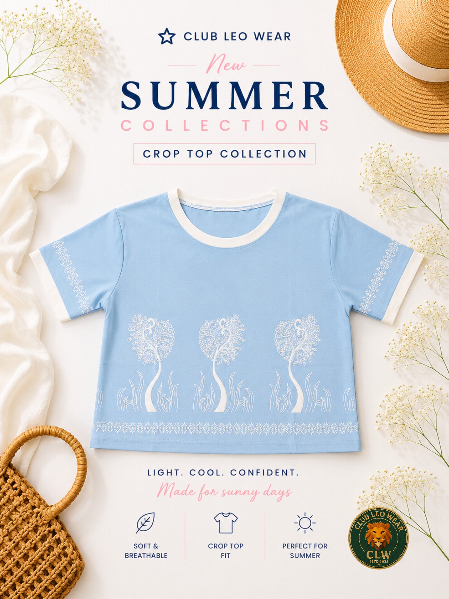 Club Leo Wear Sky Blue Floral Crop Top T-Shirt for Women