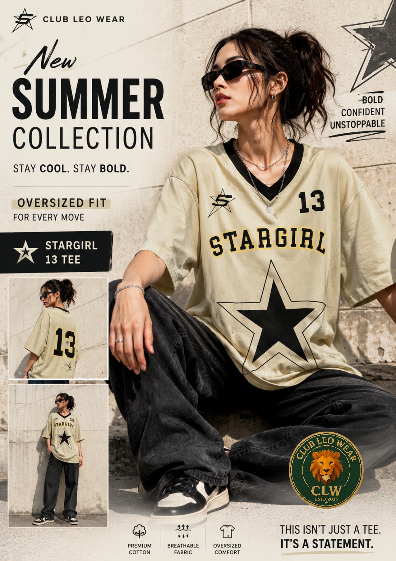 Club Leo Wear Beige Stargirl Oversized Graphic V-Neck T-Shirt for Women