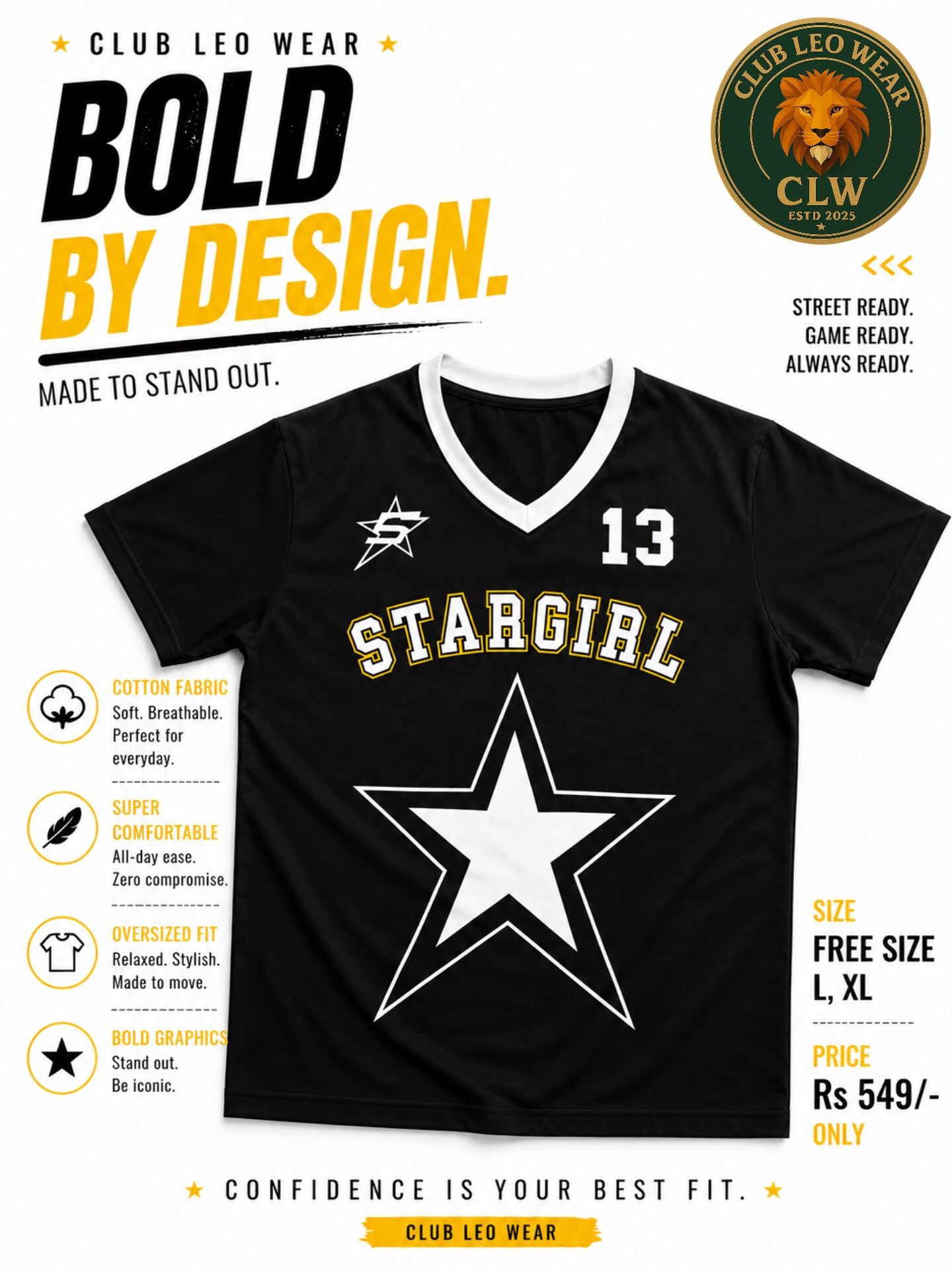 Club Leo Wear Stargirl Oversized Black Graphic V-Neck T-Shirt for Women