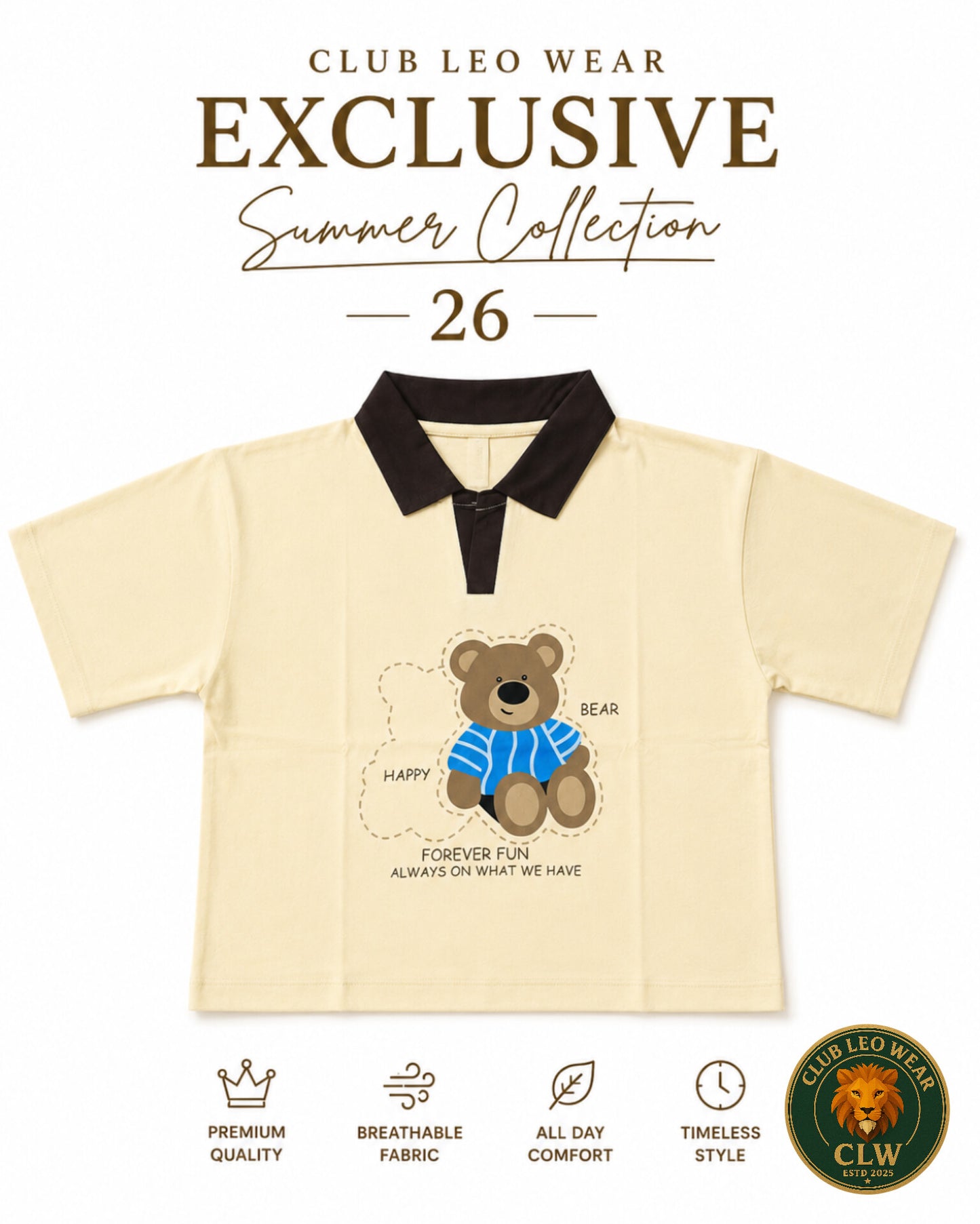 Club Leo Wear Teddy Bear Polo Crop T-Shirt for Women