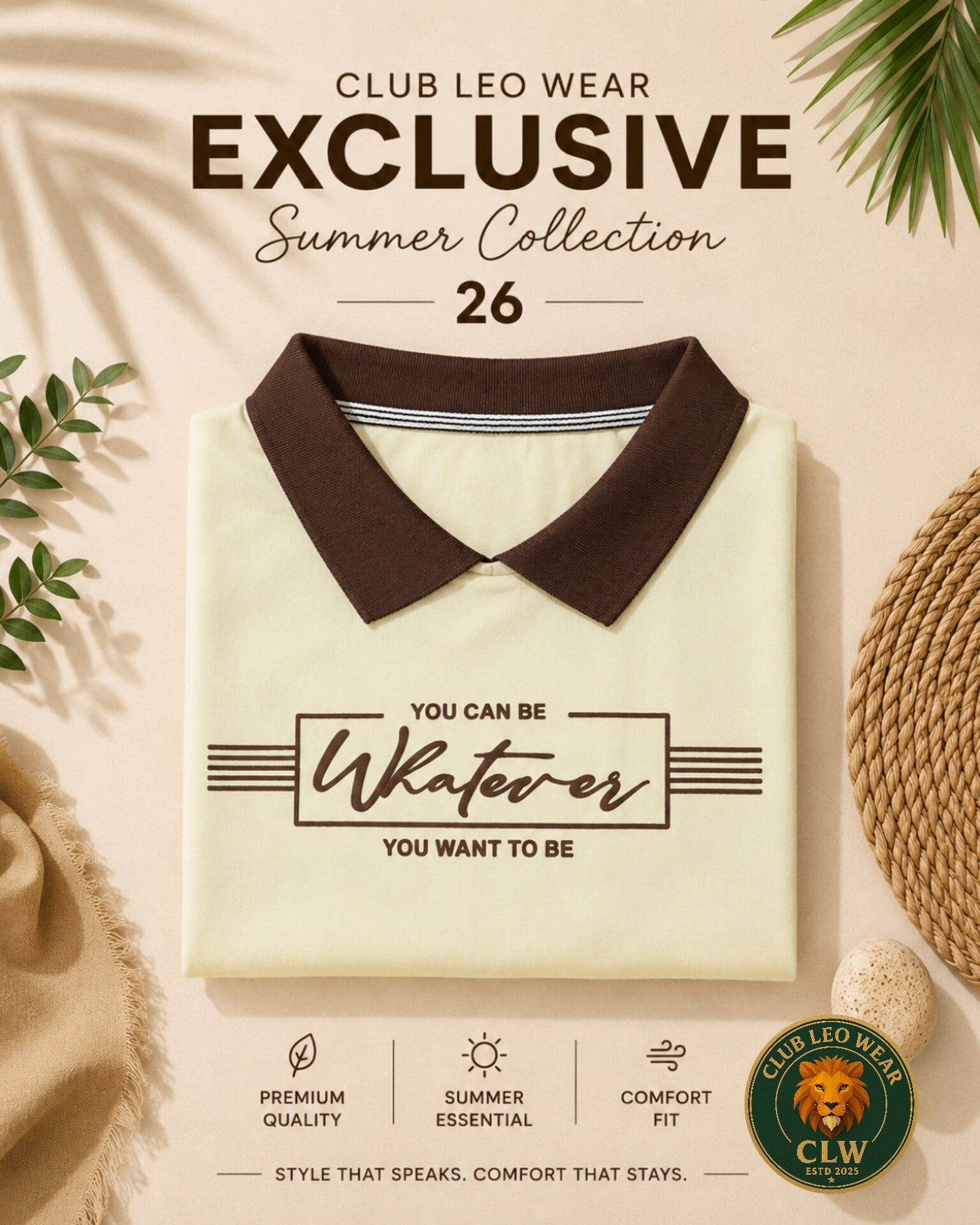 Club Leo Wear Cream Brown Women Collar T-Shirt – Casual Summer Tee