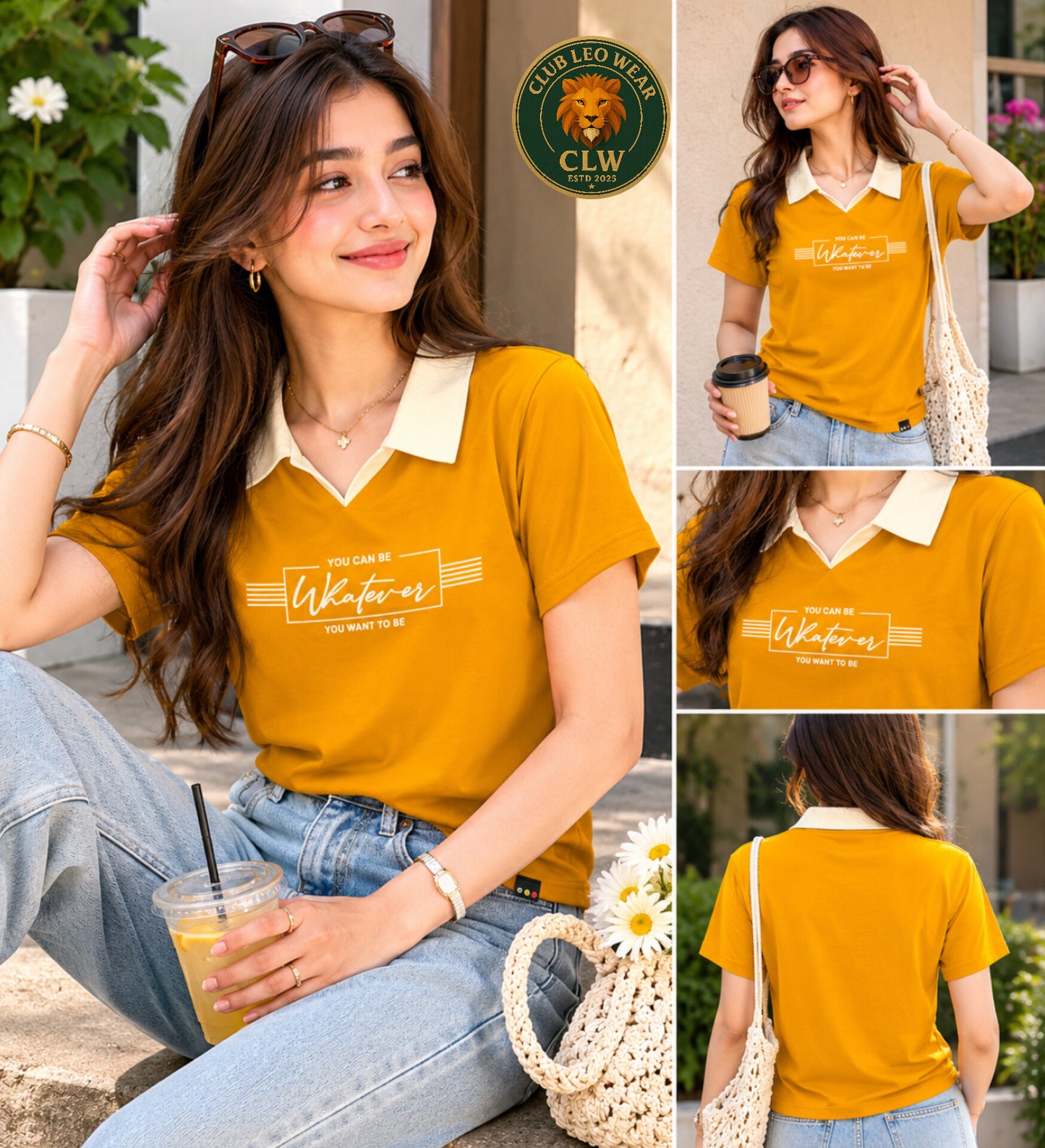 Club Leo Wear Mustard Yellow Women Collar T-Shirt – Summer Casual Tee
