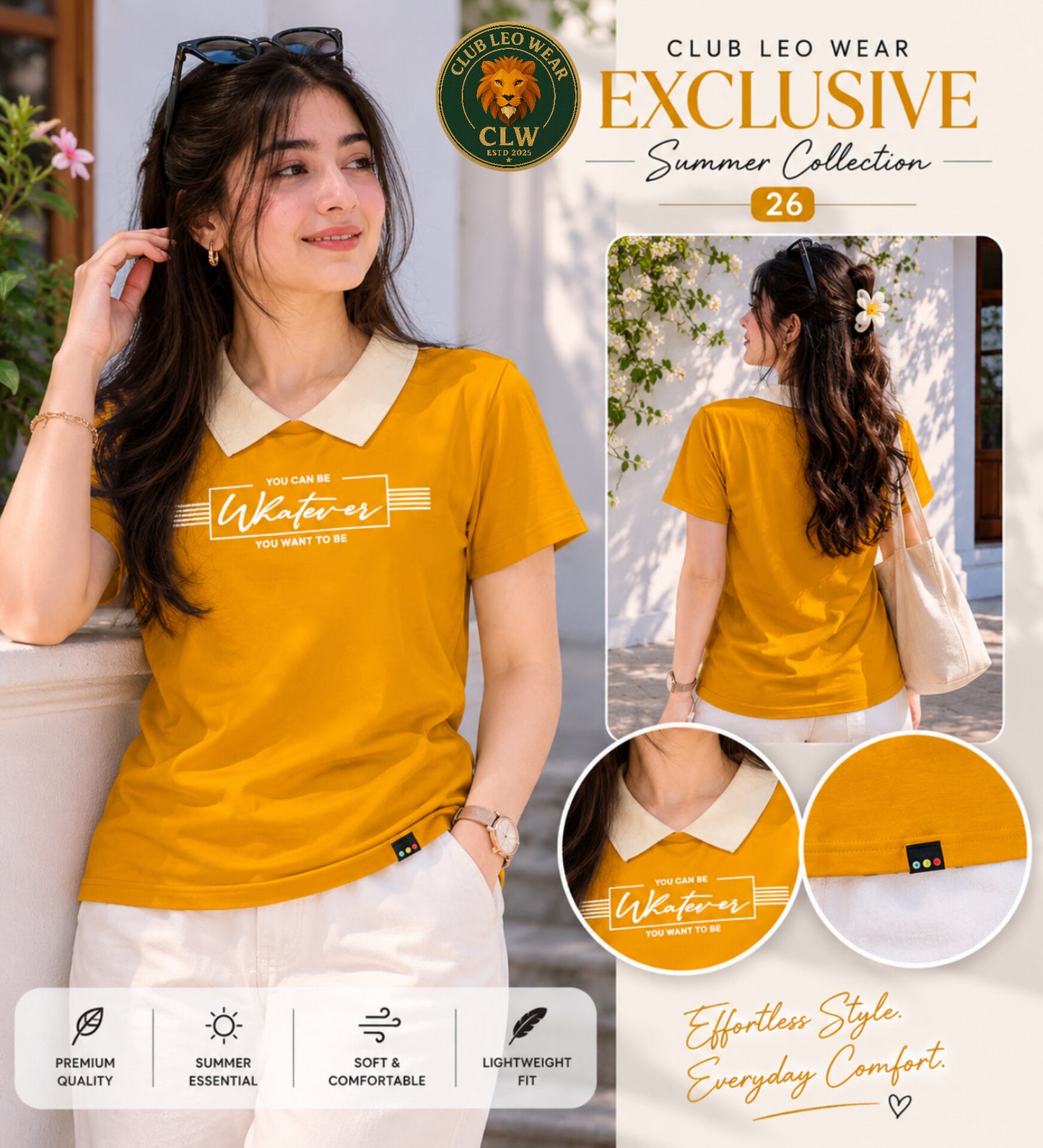 Club Leo Wear Mustard Yellow Women Collar T-Shirt – Summer Casual Tee