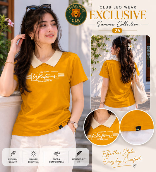 Club Leo Wear Mustard Yellow Women Collar T-Shirt – Summer Casual Tee