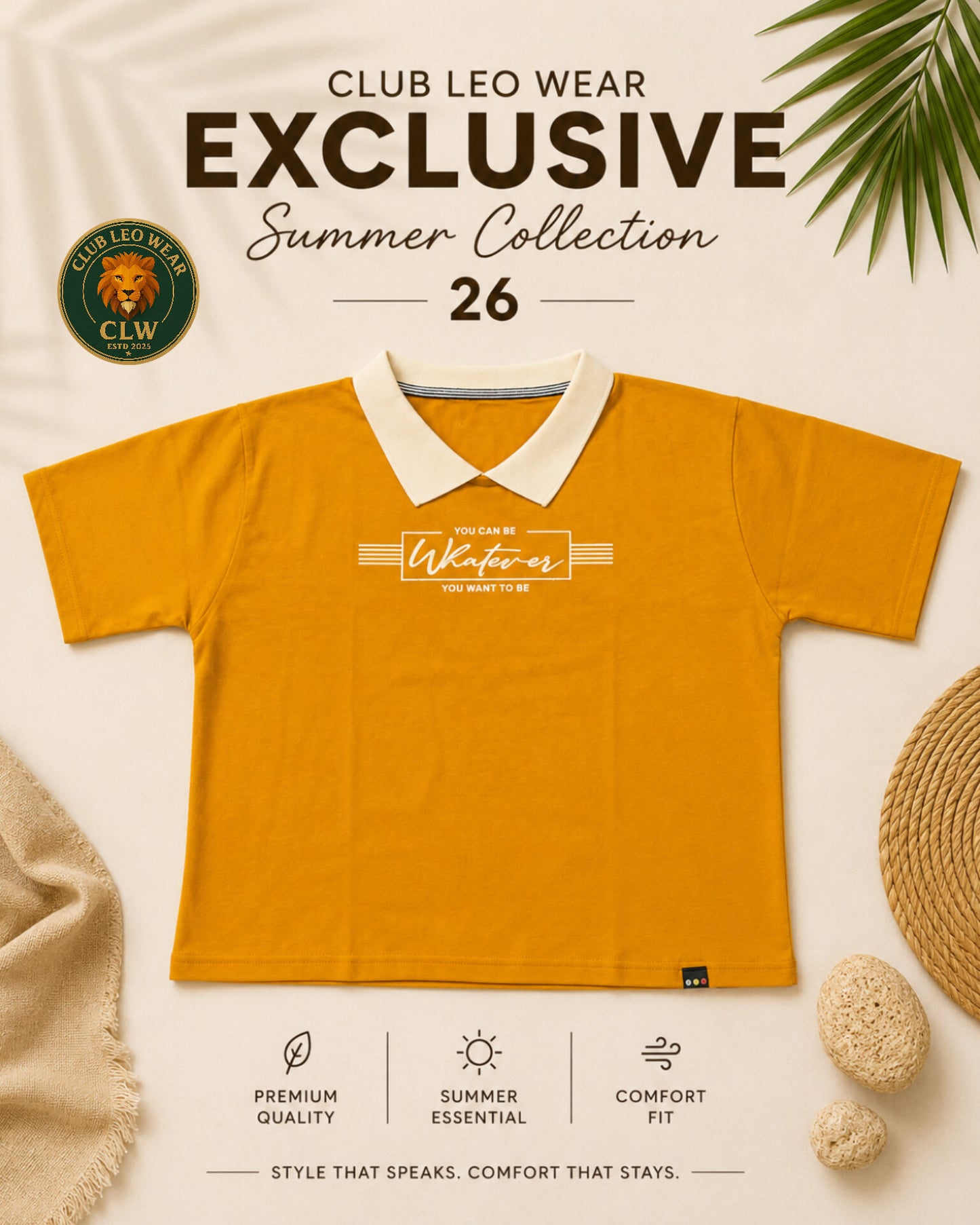 Club Leo Wear Mustard Yellow Women Collar T-Shirt – Summer Casual Tee