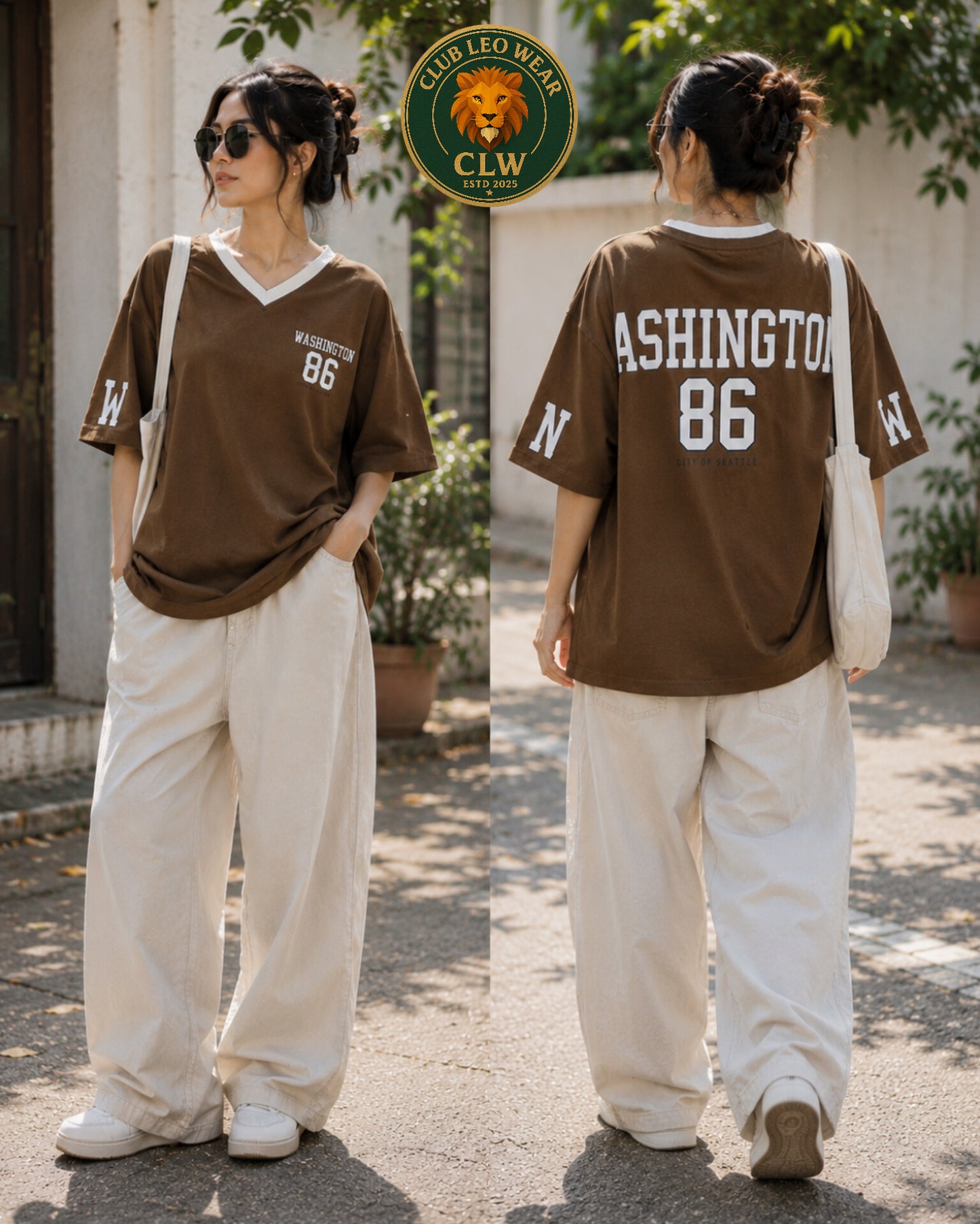 Club Leo Wear Brown Washington 86 Oversized V-Neck T-Shirt for Women