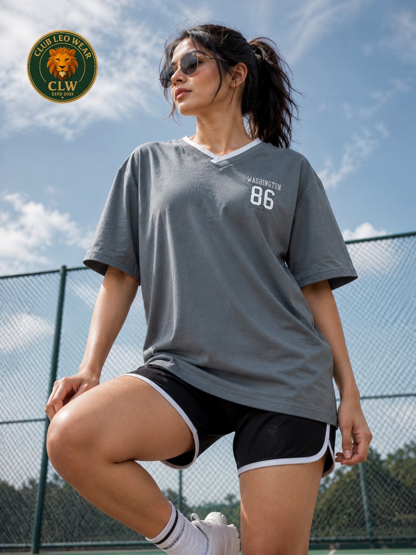 Club Leo Wear Grey Washington 86 Oversized V-Neck T-Shirt for Women