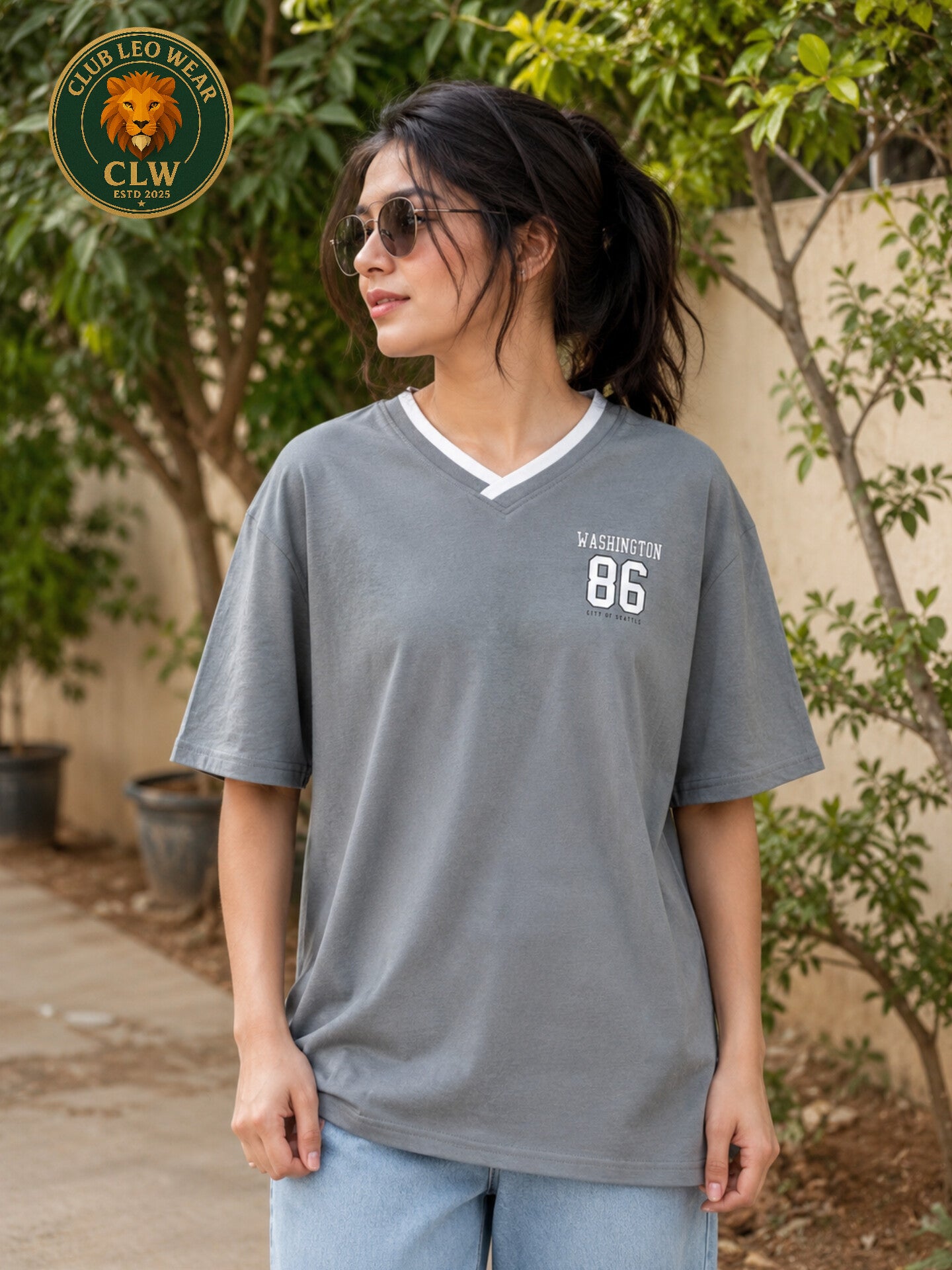 Club Leo Wear Grey Washington 86 Oversized V-Neck T-Shirt for Women