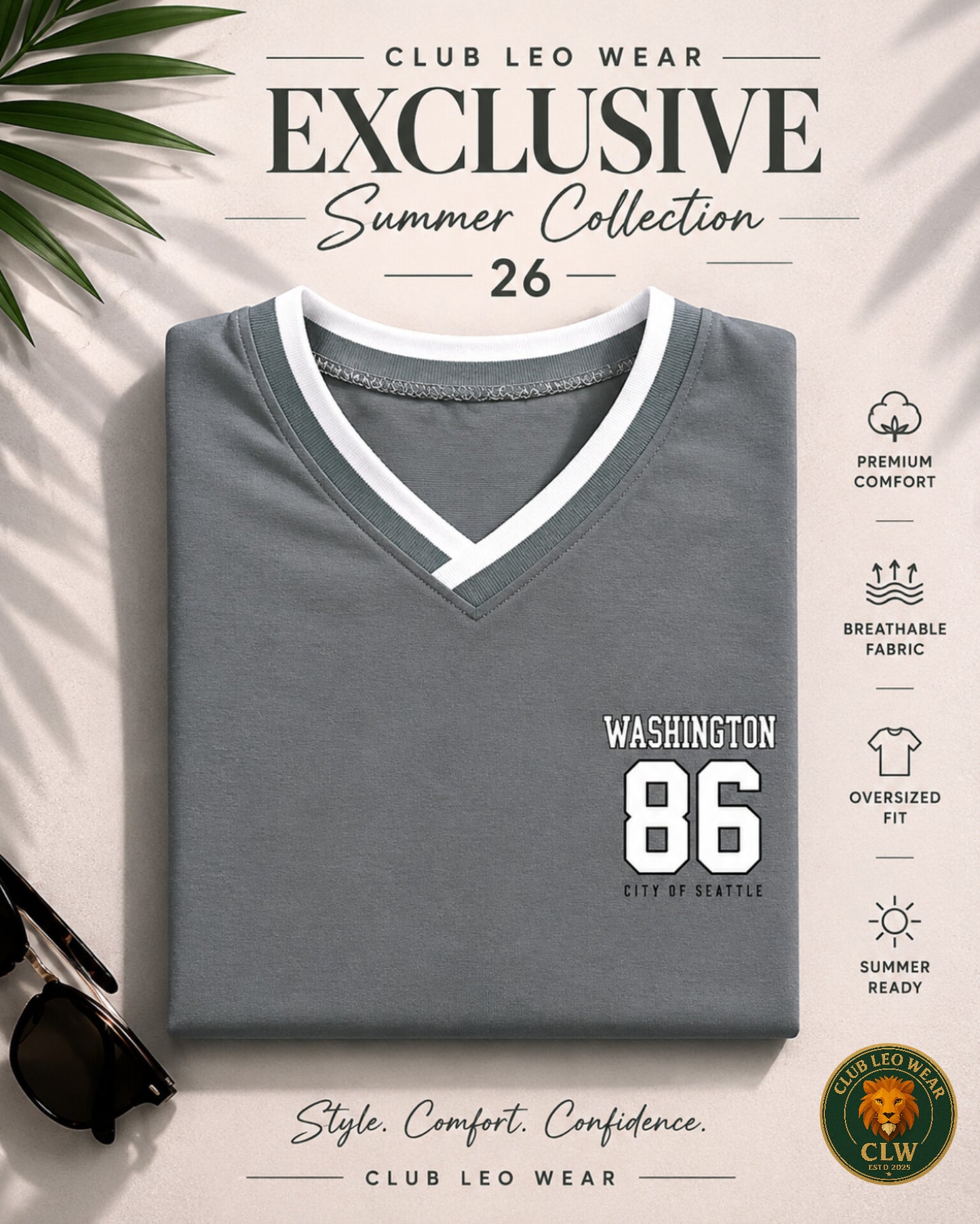 Club Leo Wear Grey Washington 86 Oversized V-Neck T-Shirt for Women