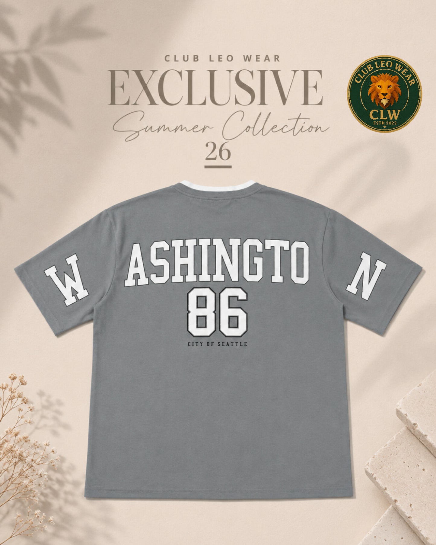 Club Leo Wear Grey Washington 86 Oversized V-Neck T-Shirt for Women