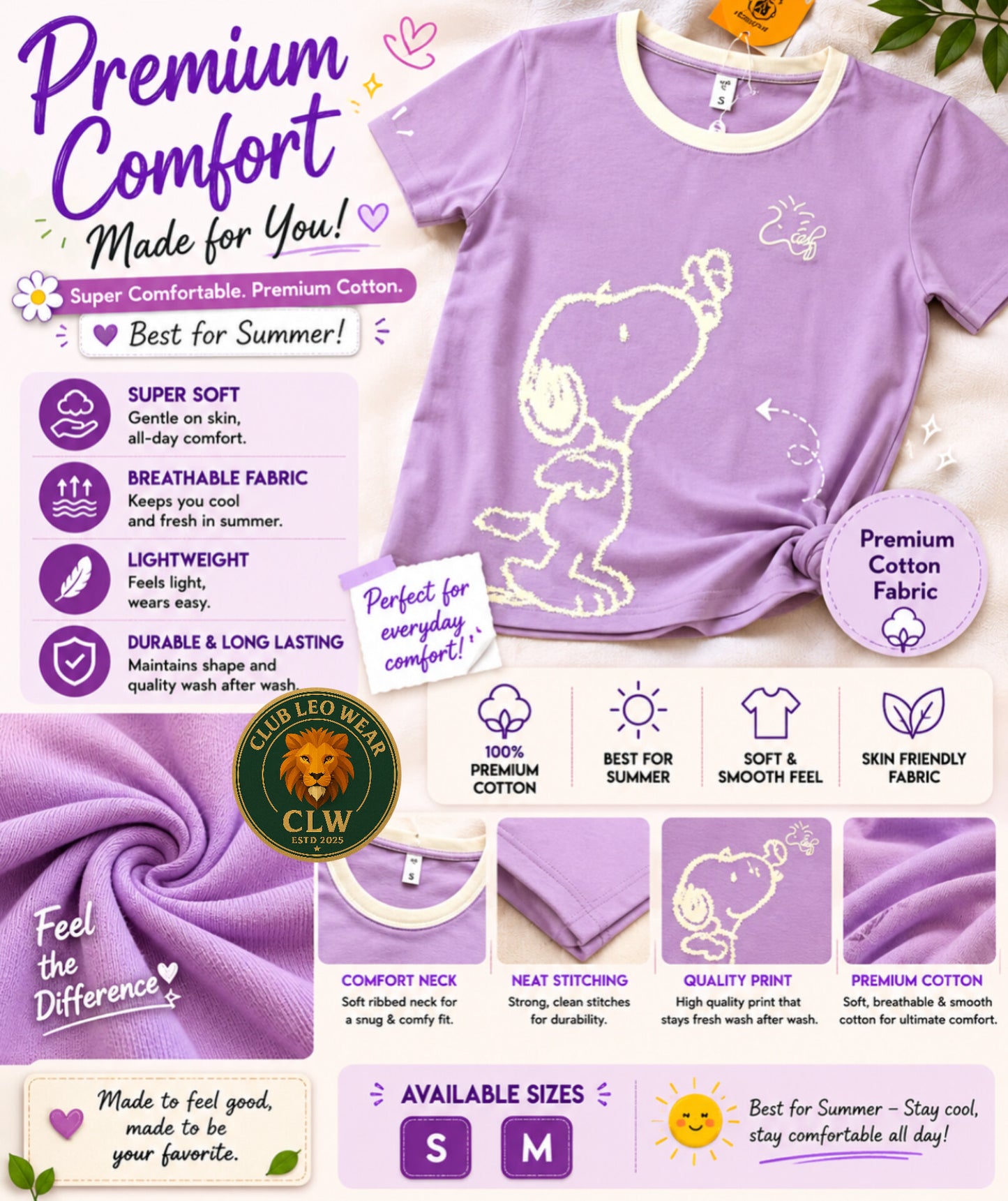Club Leo Wear Lavender Snoopy Graphic Premium Cotton T-Shirt for Women