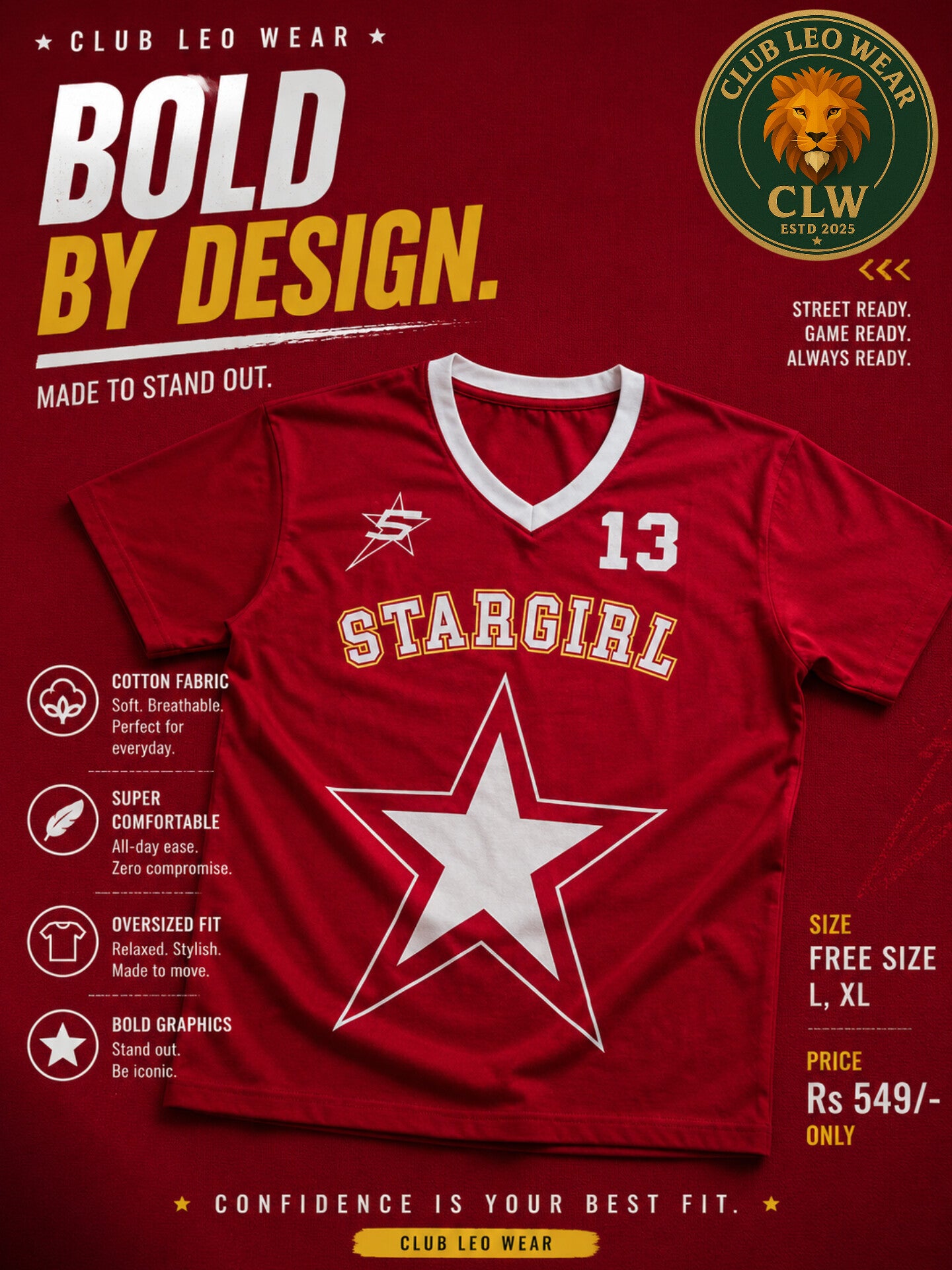 Club Leo Wear Stargirl Varsity Graphic Red Oversized T-Shirt for Women