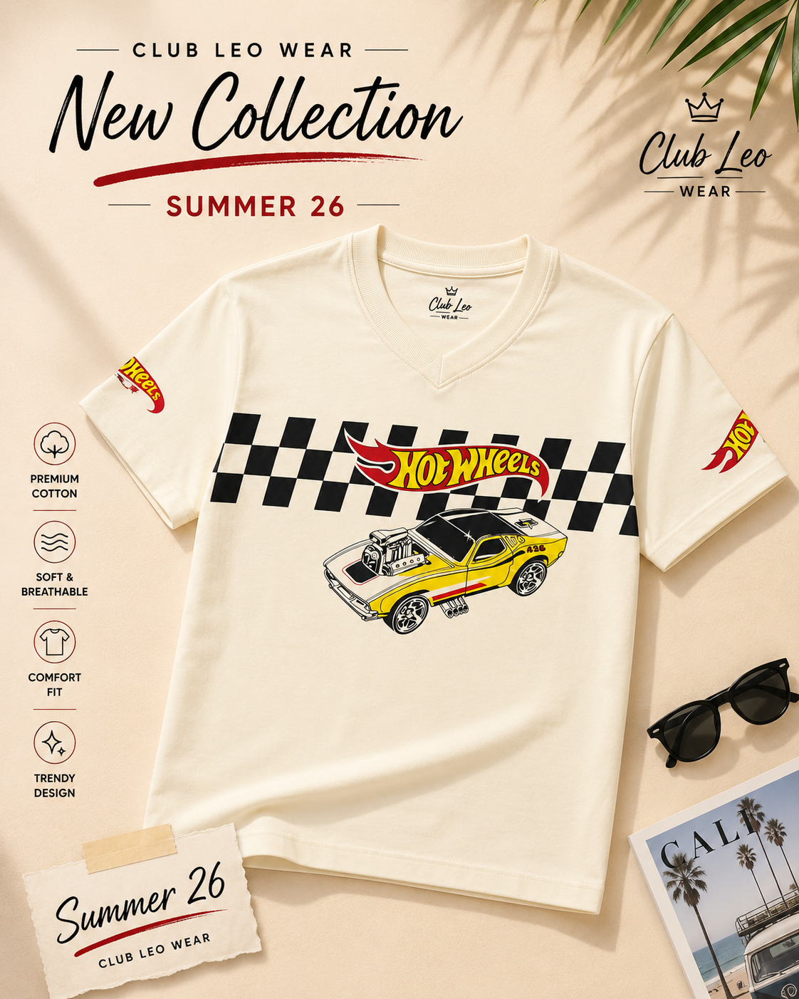 Club Leo Wear Hot Wheels Oversized V-Neck Graphic T-Shirt for Women