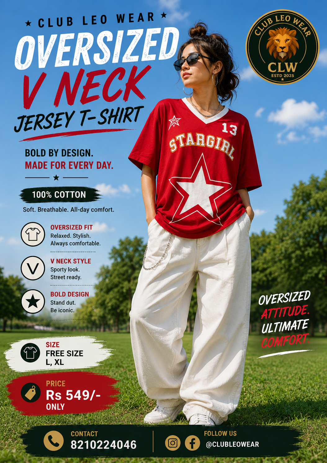 Club Leo Wear Stargirl Varsity Graphic Red Oversized T-Shirt for Women