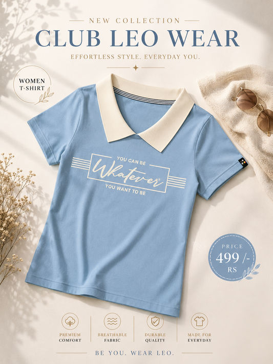 Club Leo Wear Sky Blue Women Collar T-Shirt – Casual Summer Tee