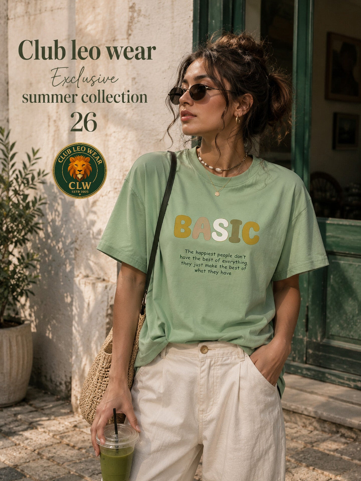 Club Leo Wear BASIC Embroidery Oversized T-Shirt | Sage Green Cotton Tee - Club Leo Wear