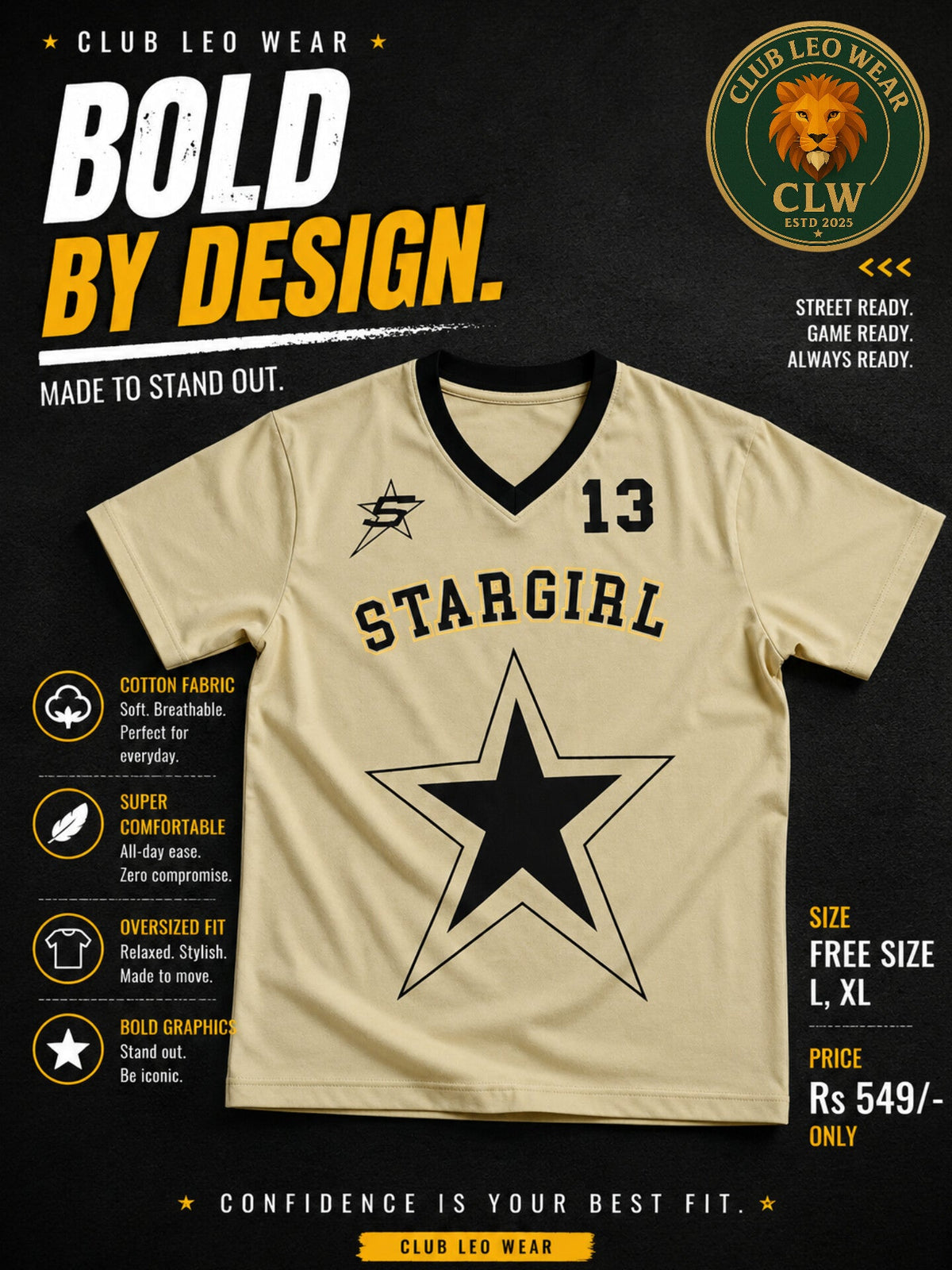Club Leo Wear Beige Stargirl Oversized Graphic V-Neck T-Shirt for Women - Club Leo Wear