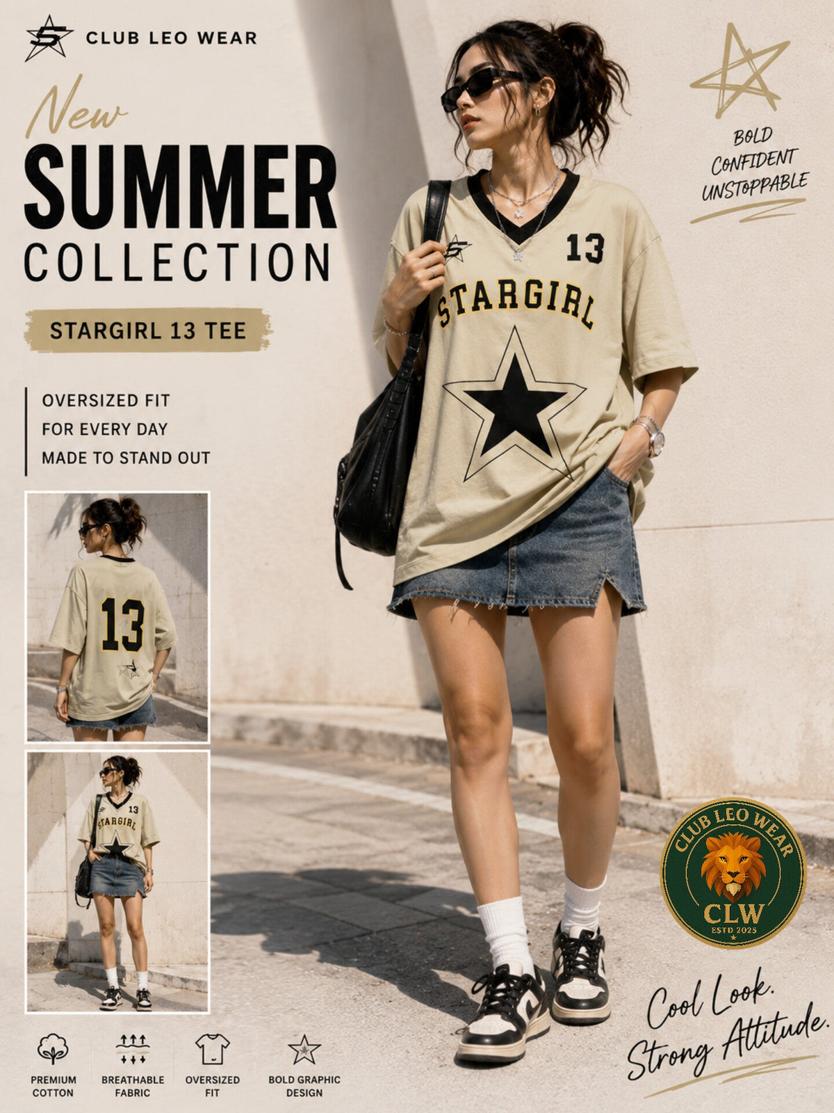 Club Leo Wear Beige Stargirl Oversized Graphic V-Neck T-Shirt for Women - Club Leo Wear