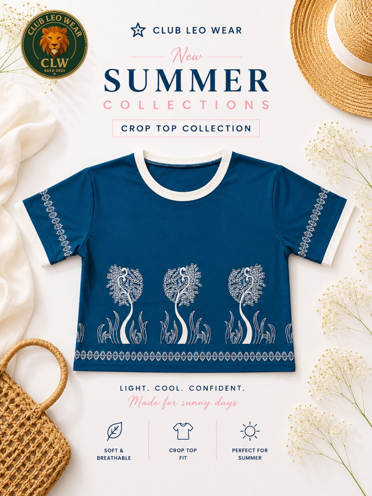 Club Leo Wear Blue Floral Crop Top T-Shirt for Women - Club Leo Wear