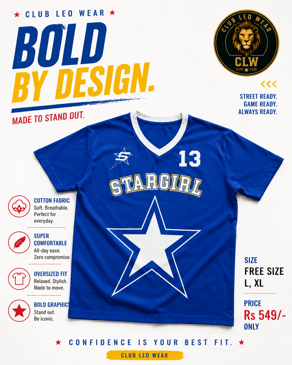 Club Leo Wear Blue Stargirl Oversized Graphic V-Neck T-Shirt for Women - Club Leo Wear