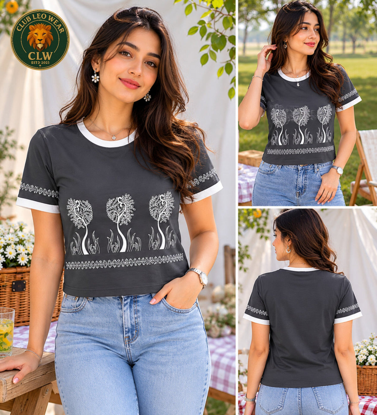 Club Leo Wear Charcoal Floral Crop Top T-Shirt for Women - Club Leo Wear