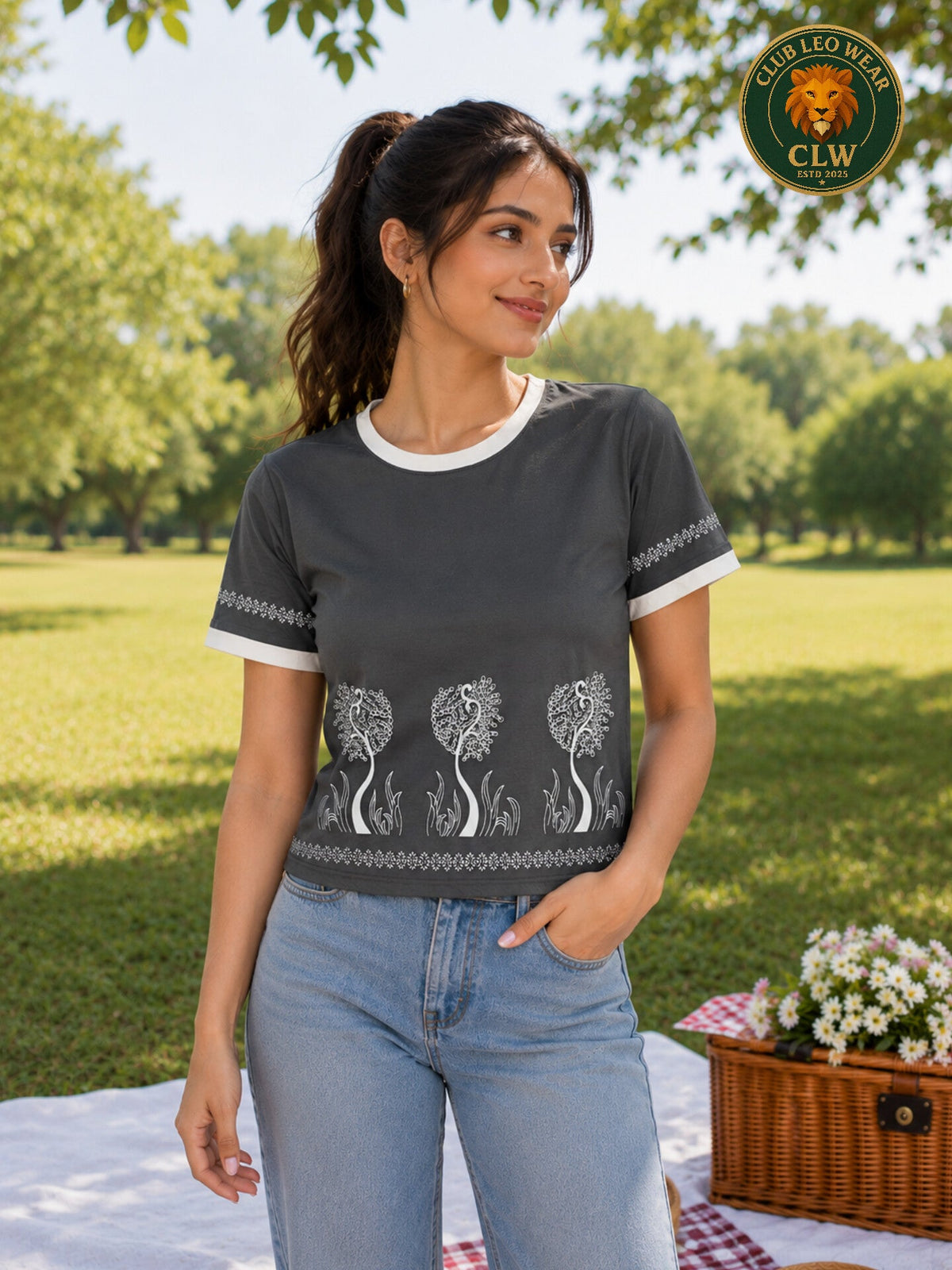 Club Leo Wear Charcoal Floral Crop Top T-Shirt for Women - Club Leo Wear