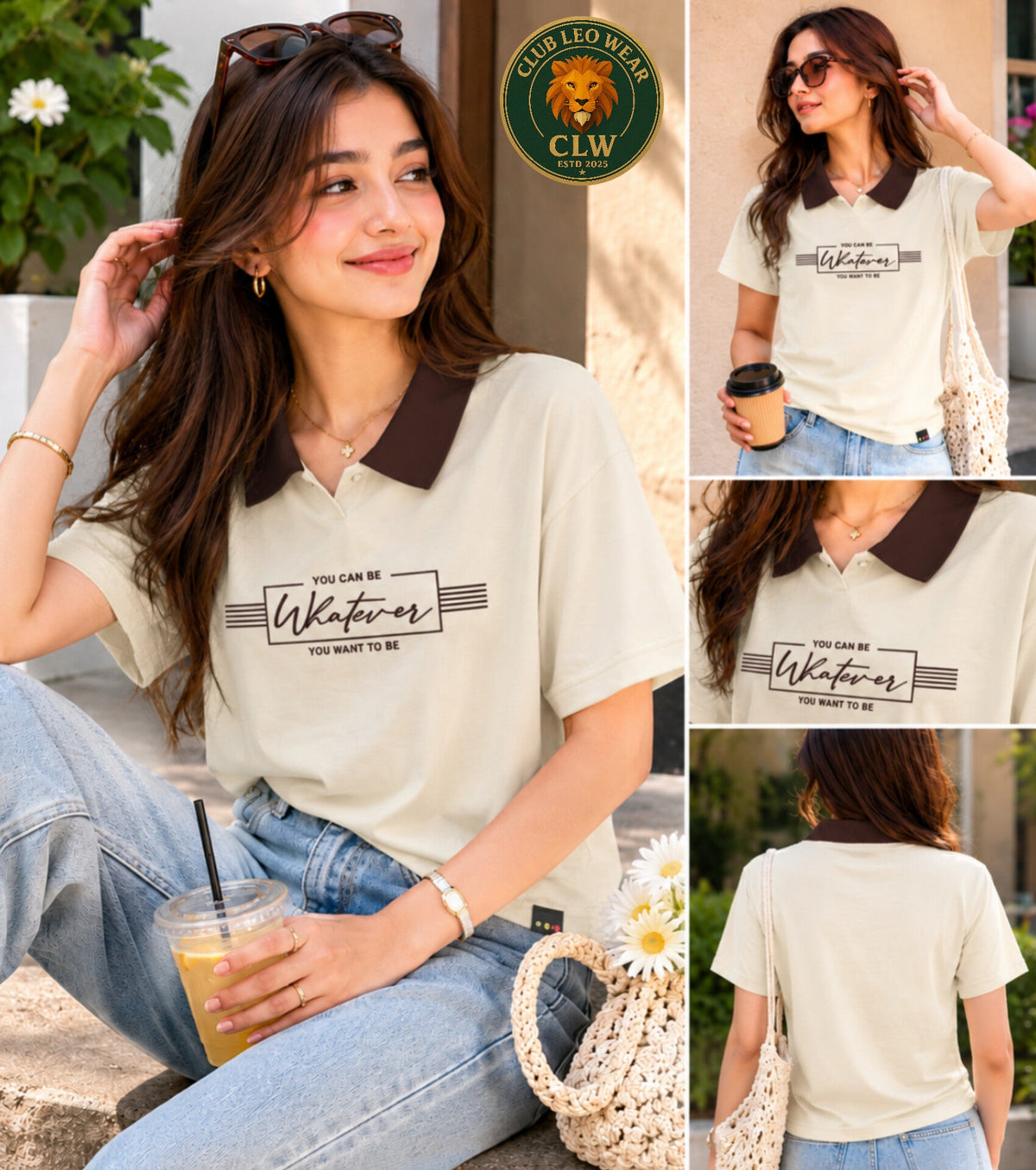 Club Leo Wear Cream Brown Women Collar T-Shirt – Casual Summer Tee - Club Leo Wear