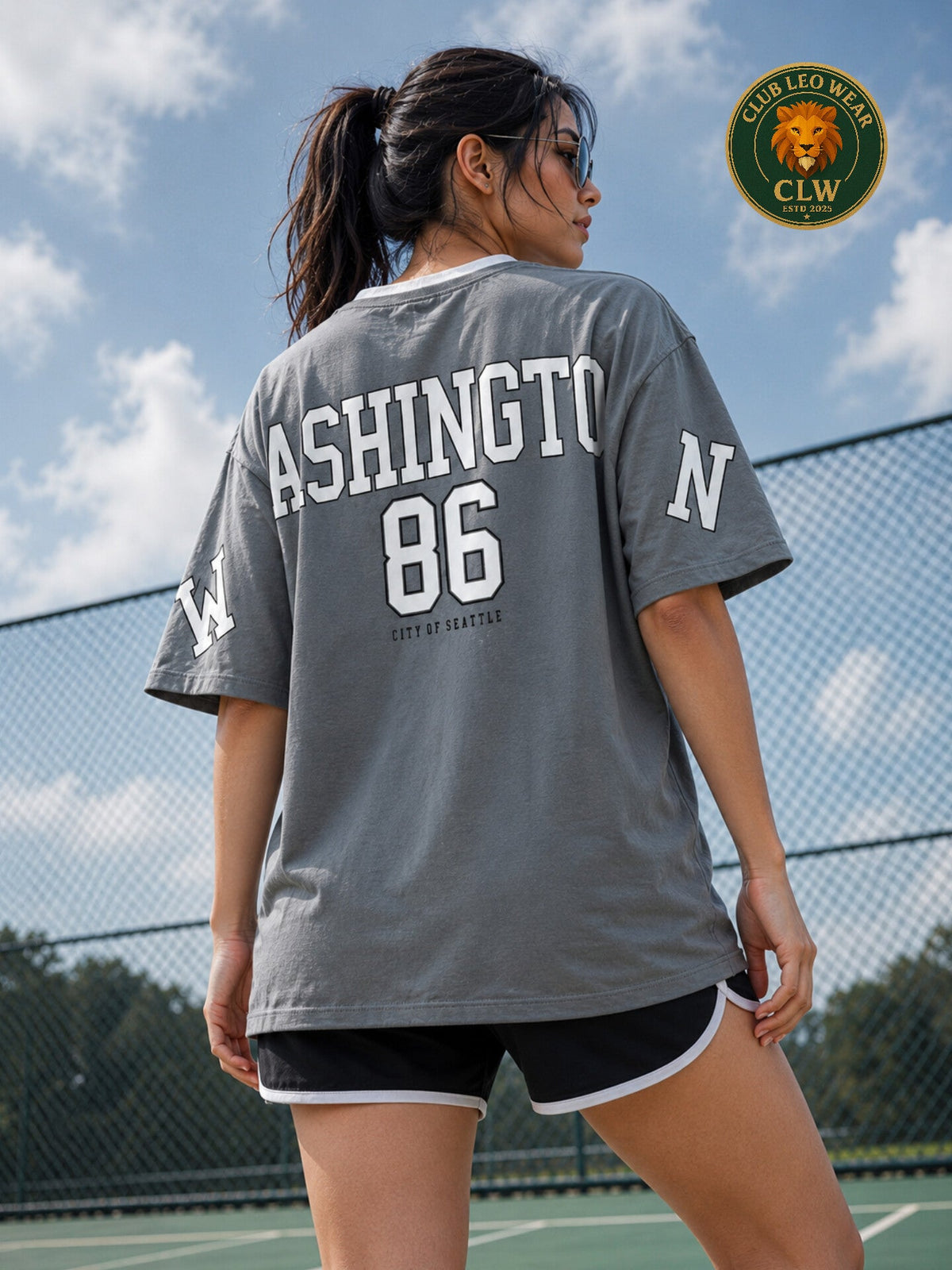 Club Leo Wear Grey Washington 86 Oversized V-Neck T-Shirt for Women - Club Leo Wear