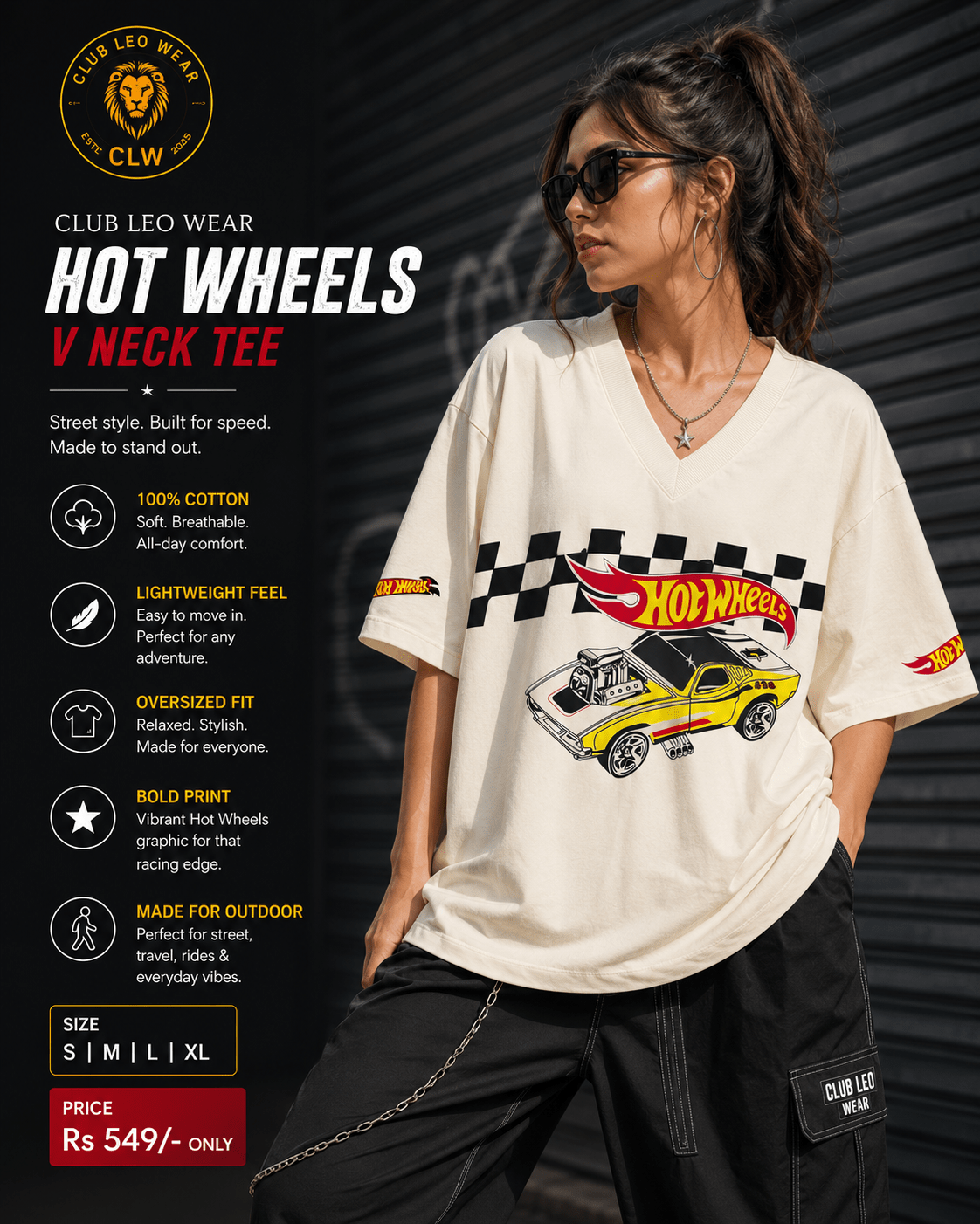 Club Leo Wear Hot Wheels Oversized V-Neck Graphic T-Shirt for Women - Club Leo Wear