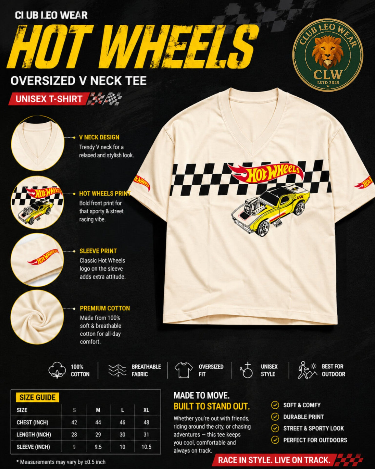 Club Leo Wear Hot Wheels Oversized V-Neck Graphic T-Shirt for Women - Club Leo Wear