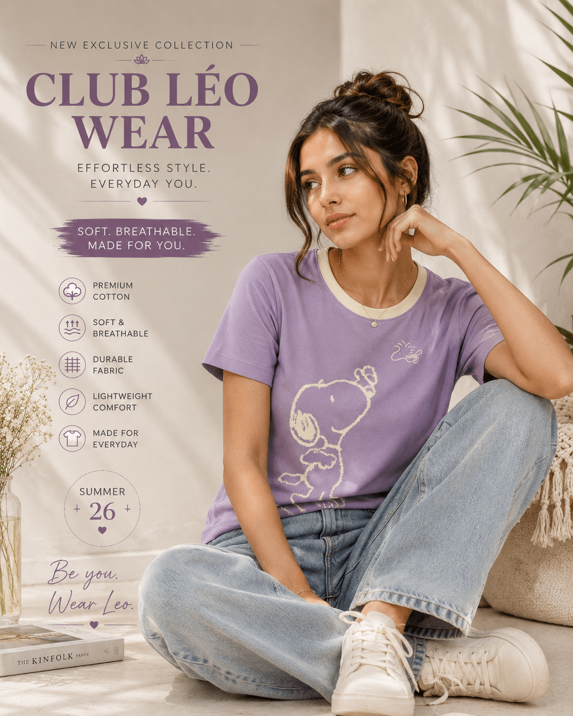Club Leo Wear Lavender Snoopy Graphic Premium Cotton T-Shirt for Women - Club Leo Wear