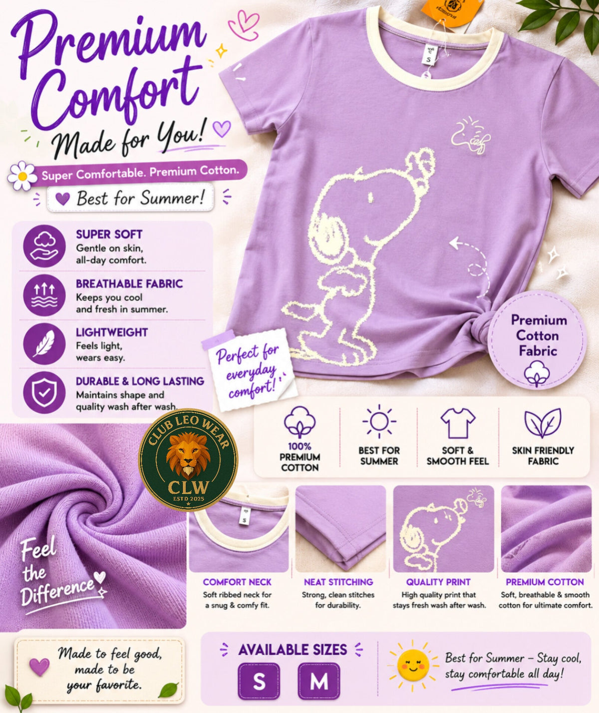 Club Leo Wear Lavender Snoopy Graphic Premium Cotton T-Shirt for Women - Club Leo Wear
