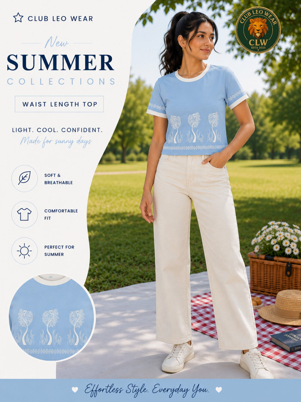 Club Leo Wear Sky Blue Floral Crop Top T-Shirt for Women - Club Leo Wear