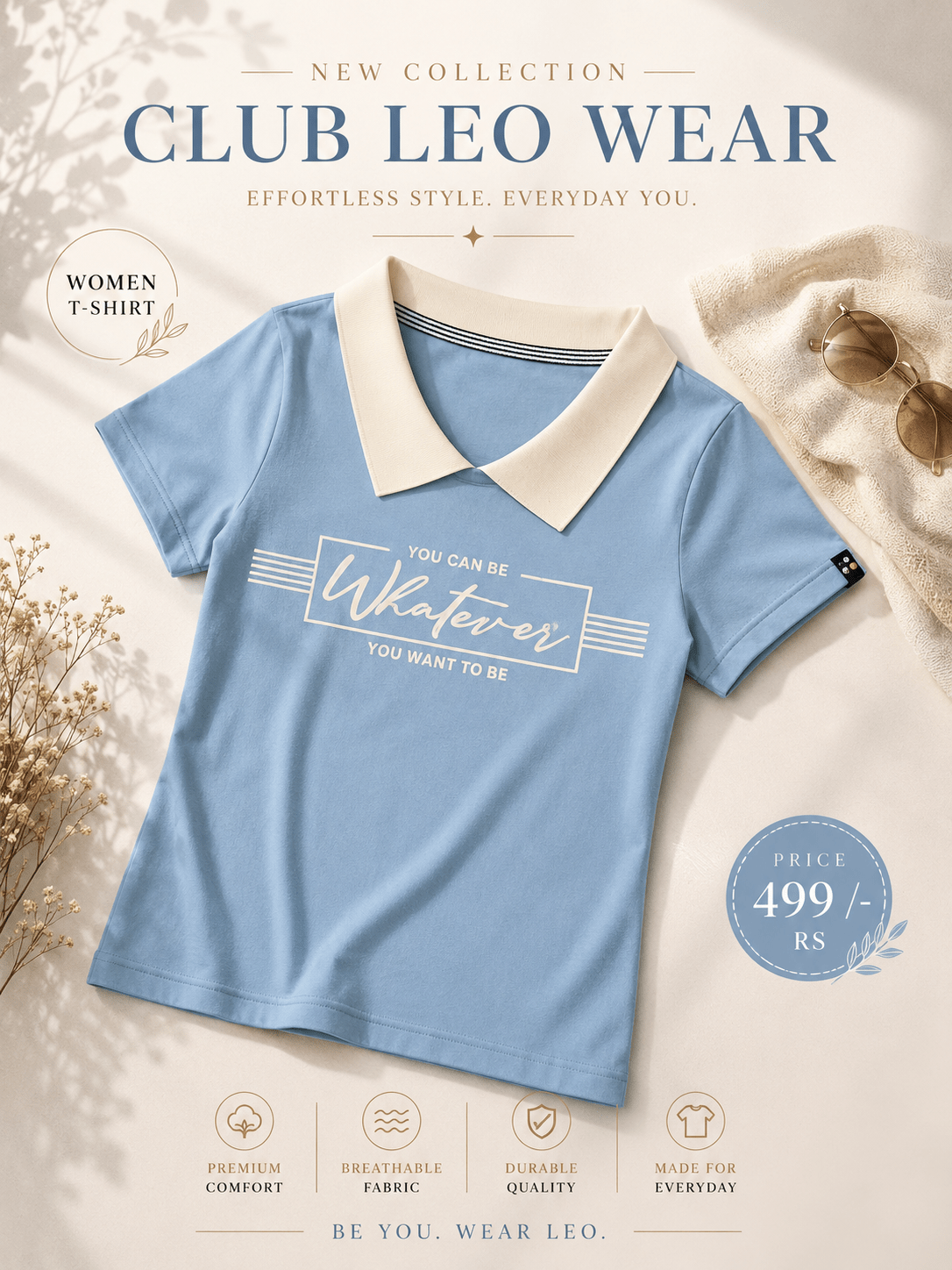 Club Leo Wear Sky Blue Women Collar T-Shirt – Casual Summer Tee - Club Leo Wear