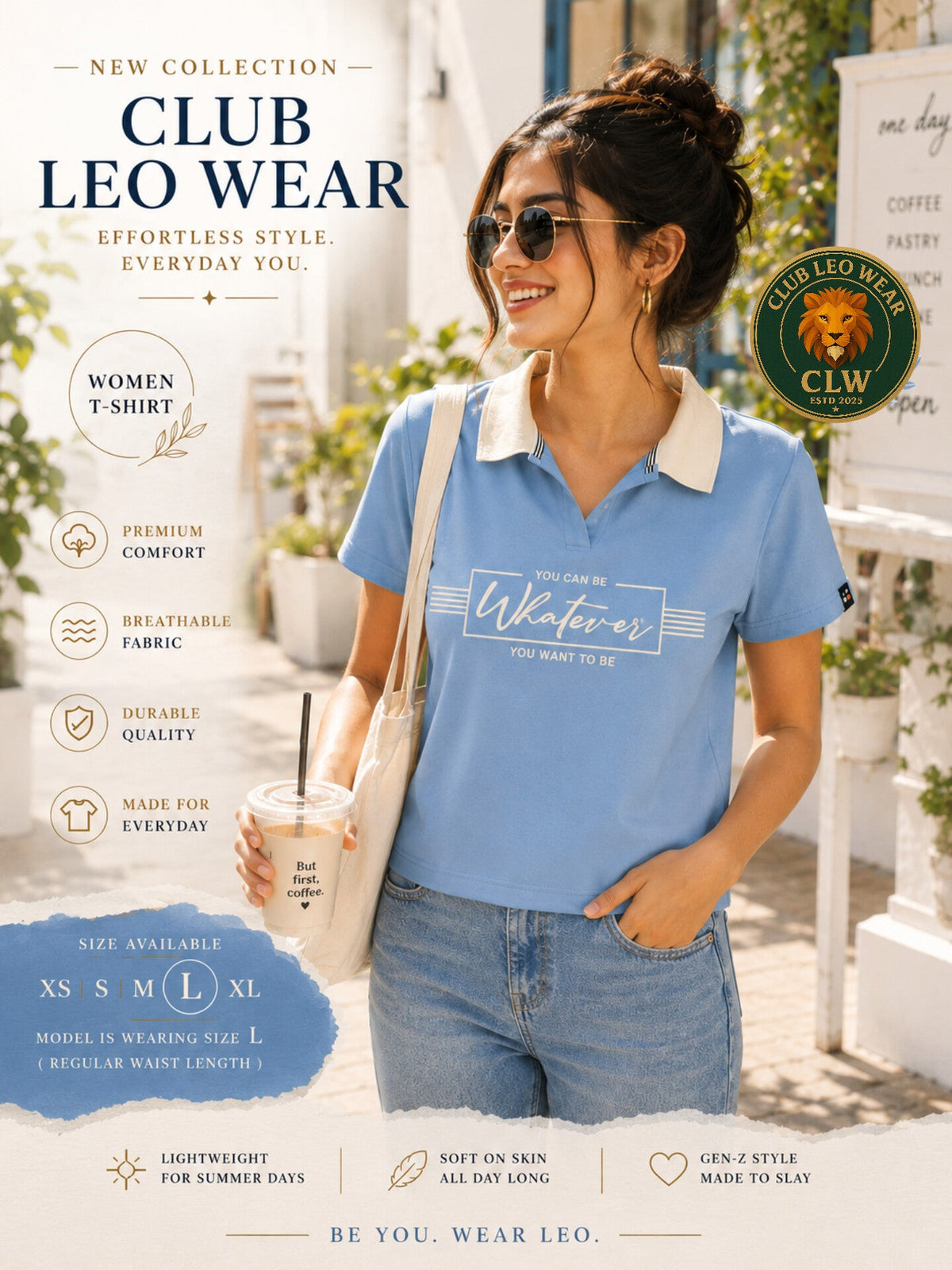 Club Leo Wear Sky Blue Women Collar T-Shirt – Casual Summer Tee - Club Leo Wear