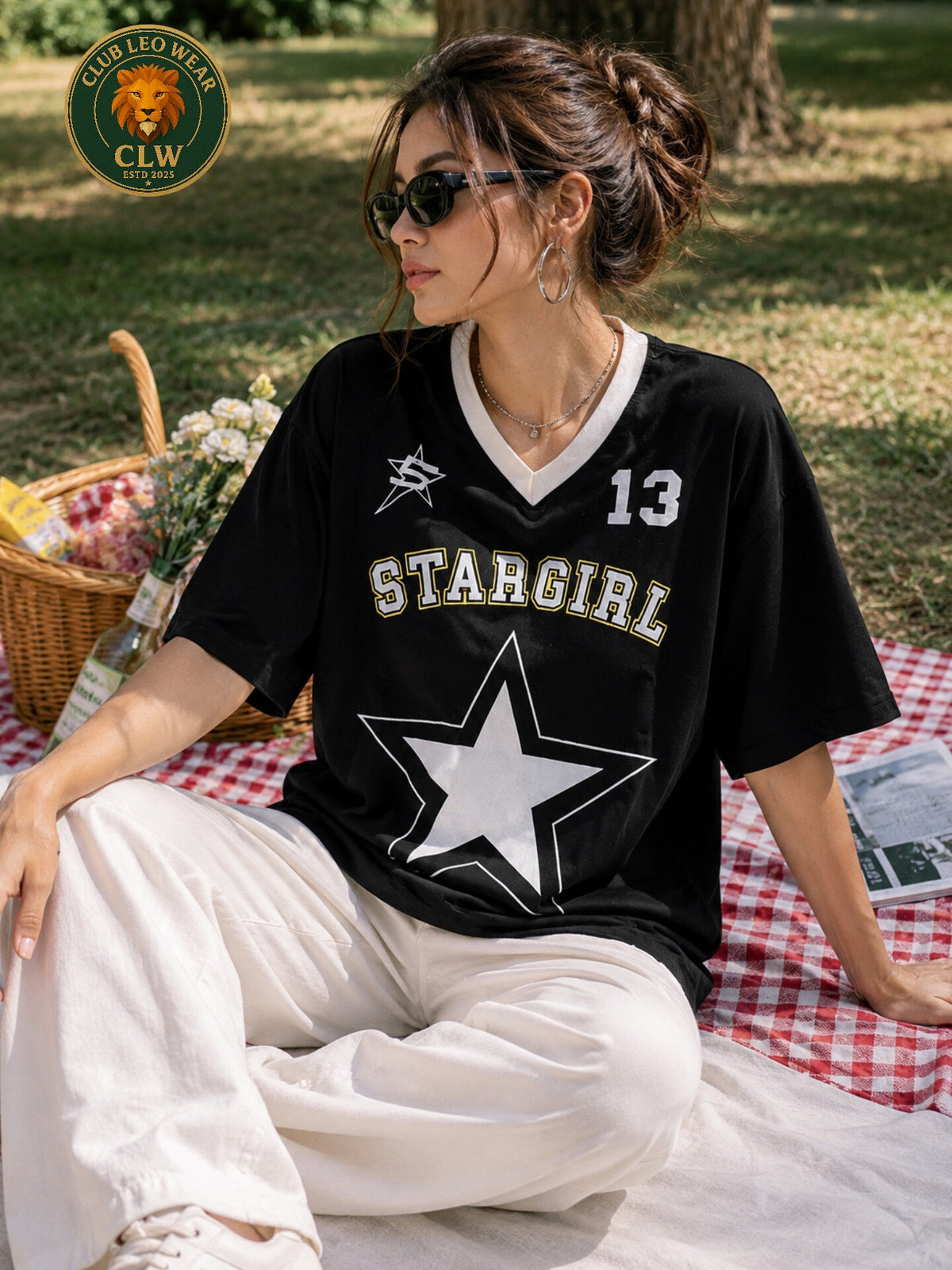 Club Leo Wear Stargirl Oversized Black Graphic V-Neck T-Shirt for Women - Club Leo Wear