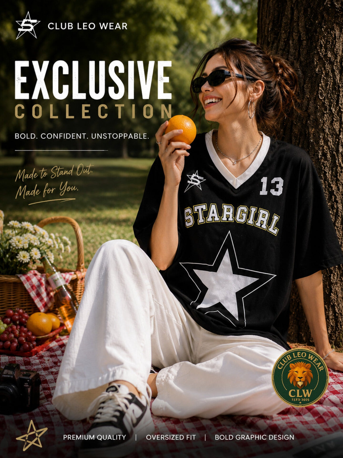 Club Leo Wear Stargirl Oversized Black Graphic V-Neck T-Shirt for Women - Club Leo Wear