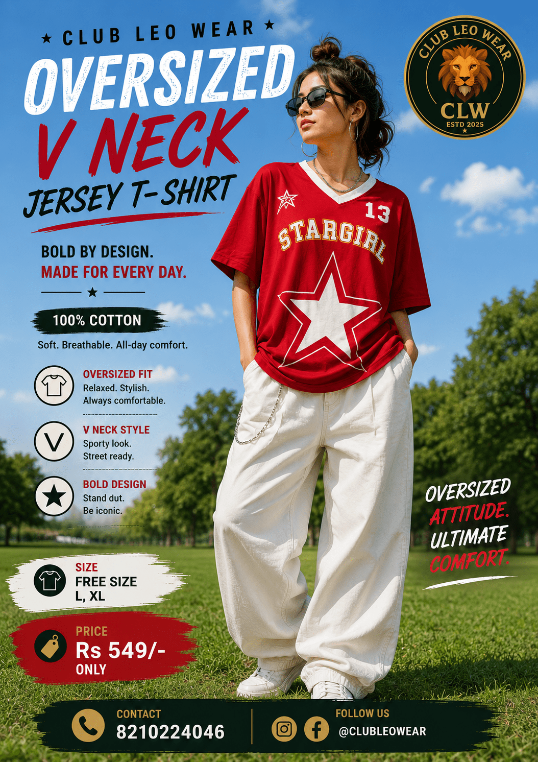 Club Leo Wear Stargirl Varsity Graphic Red Oversized T-Shirt for Women - Club Leo Wear