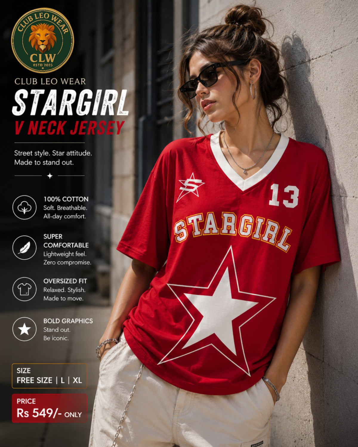Club Leo Wear Stargirl Varsity Graphic Red Oversized T-Shirt for Women - Club Leo Wear