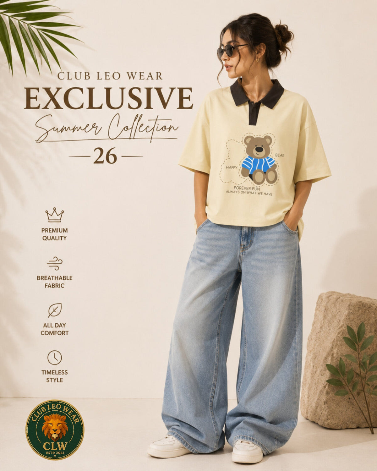 Club Leo Wear Teddy Bear Polo Crop T-Shirt for Women - Club Leo Wear